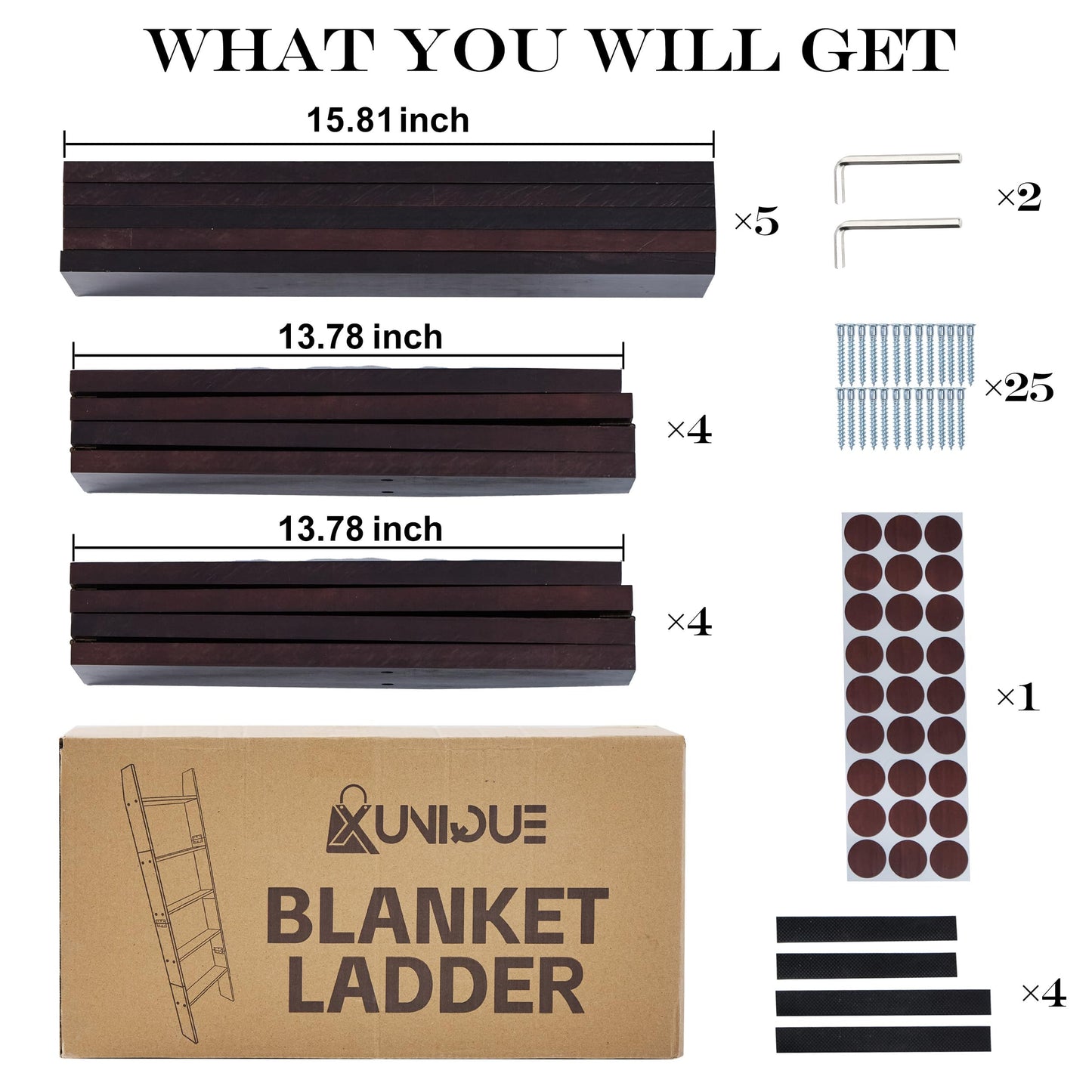 XUNIQUE 5-Tier Blanket Ladder for The Living Room, 4.8 FT Anti-Slip Decorative Ladder Shelf Leaning Quilt Rack, Lightweight, Easy Assemble, Wooden Blanket Rack (Brown)