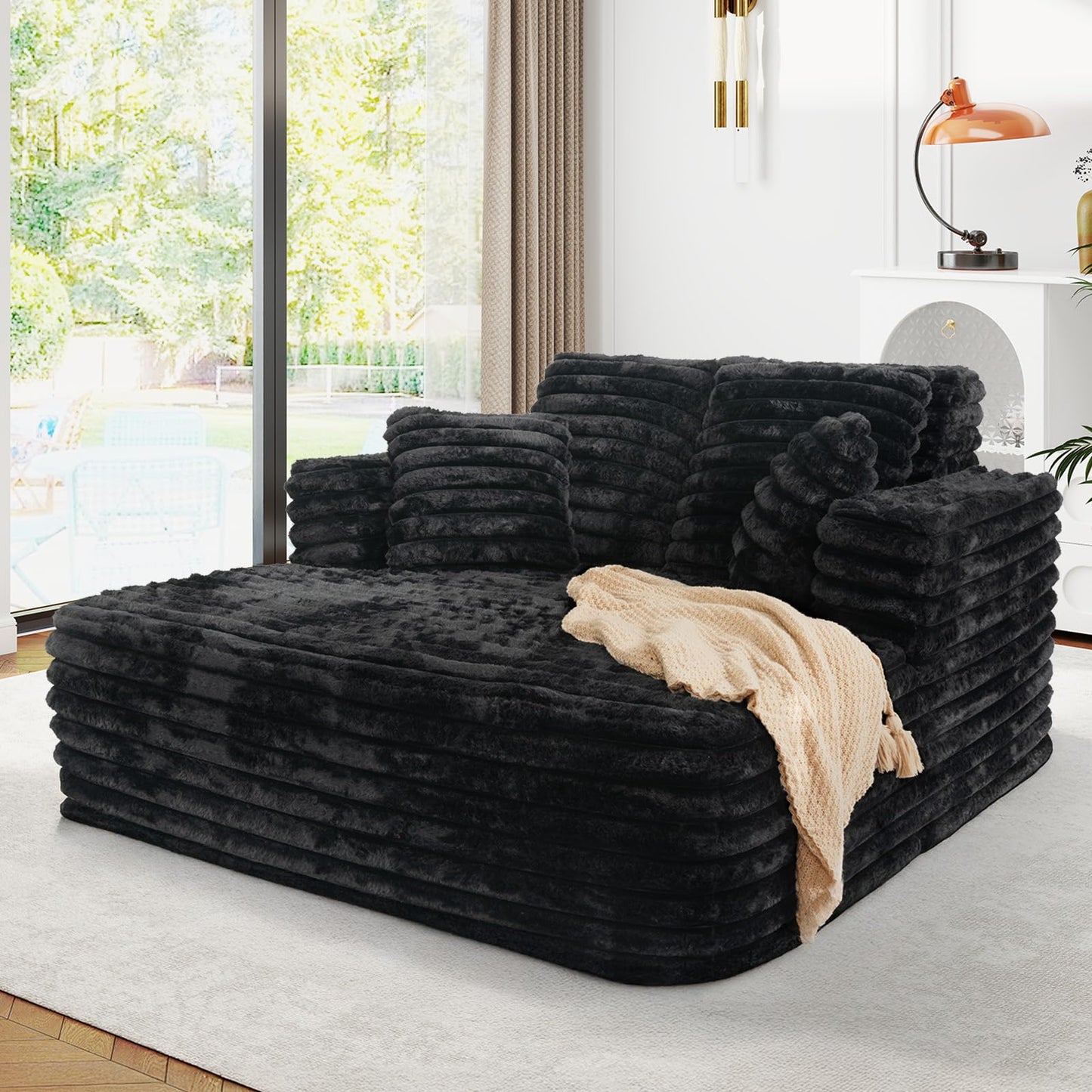 JEEOHEY 56" Oversized Chaise Lounge Chair Indoor,Plush Faux Fur Sleeper Sofa Couch Bed with Pillows&Wide Armrests,Fluffy Comfy Cloud Couch,Compression Foam Couch for Living Room,Bedroom(Black)