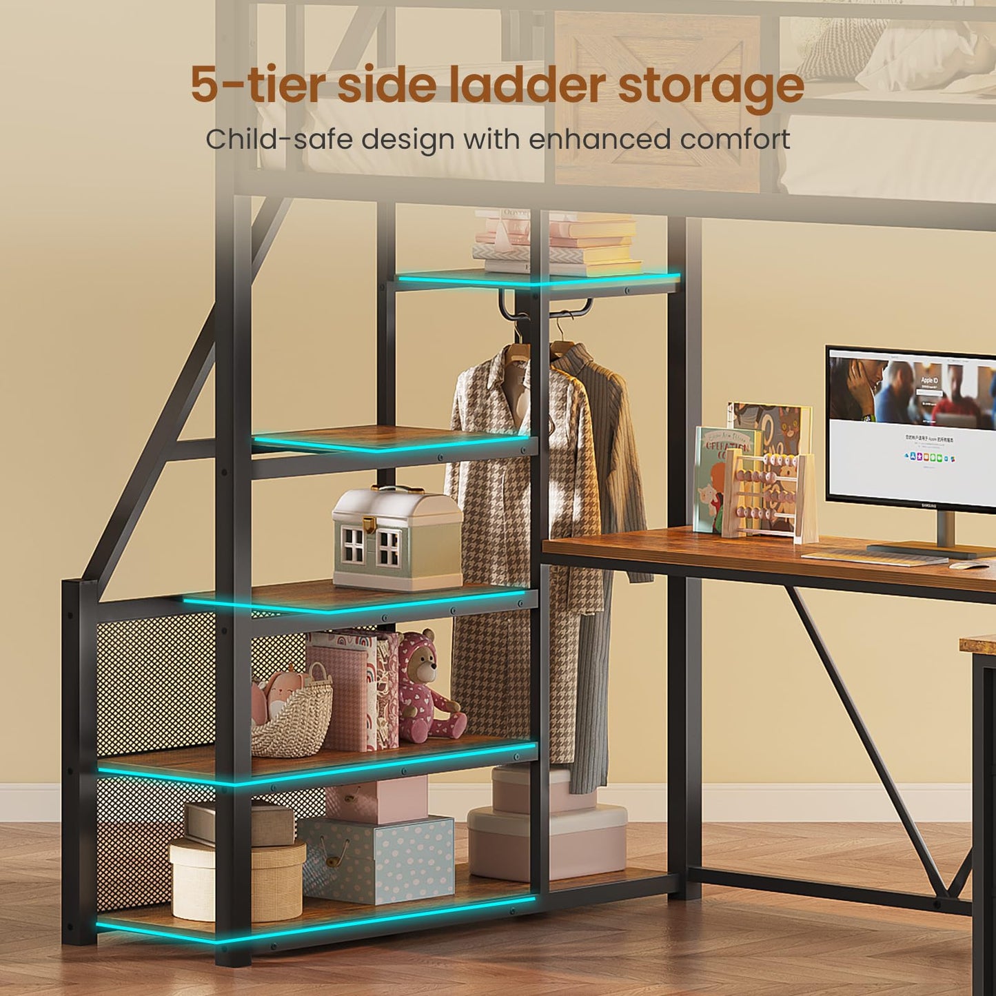 Itaar Stairway Twin Size Loft Bed with L Shaped Desk and Wardrobe, Metal Loft Bed Frame with Storage Stairs, 3 Fabric Drawers, LED Lights & Charging Sation, Rustic Brown
