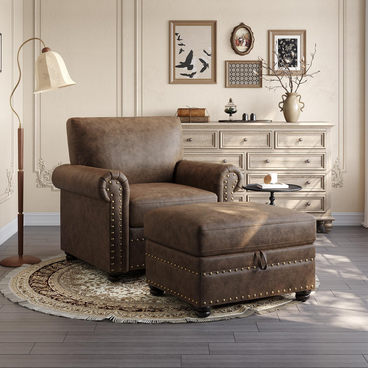 ONBRILL Faux Leather Ottoman with Storage, Rectangle Leather Foot Stool