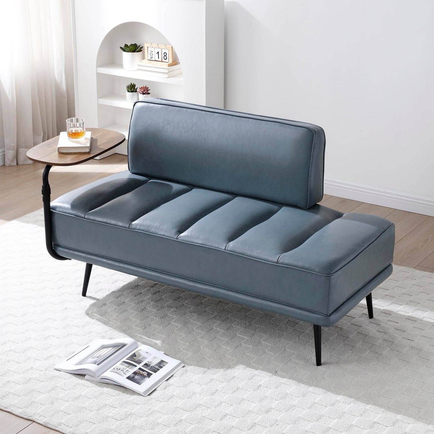Modern Upholstered End of Bed Bench with 360-Degree Swivel Tray, 2 Seater Sofa Couch with Side Table, Settee Bench with Metal Legs Backrest for Living Room,Entryway,Foyer (PU-With Tray, Grayish Blue)
