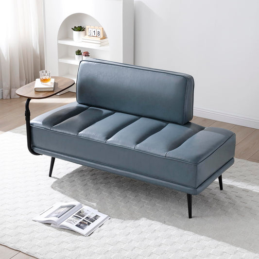 Modern Upholstered End of Bed Bench with 360-Degree Swivel Tray, 2 Seater Sofa Couch with Side Table, Settee Bench with Metal Legs Backrest for Living Room,Entryway,Foyer (PU-With Tray, Grayish Blue)
