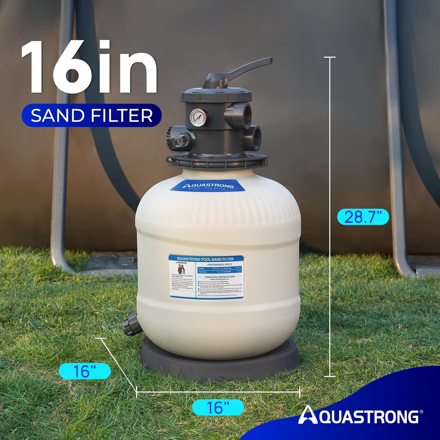 AQUASTRONG 16" Pool Sand Filter Tank with 6-Way Valve, Sand Filter for Above Ground Pools Up to 16,000 Gallons, Replacement for Cartridge Filters