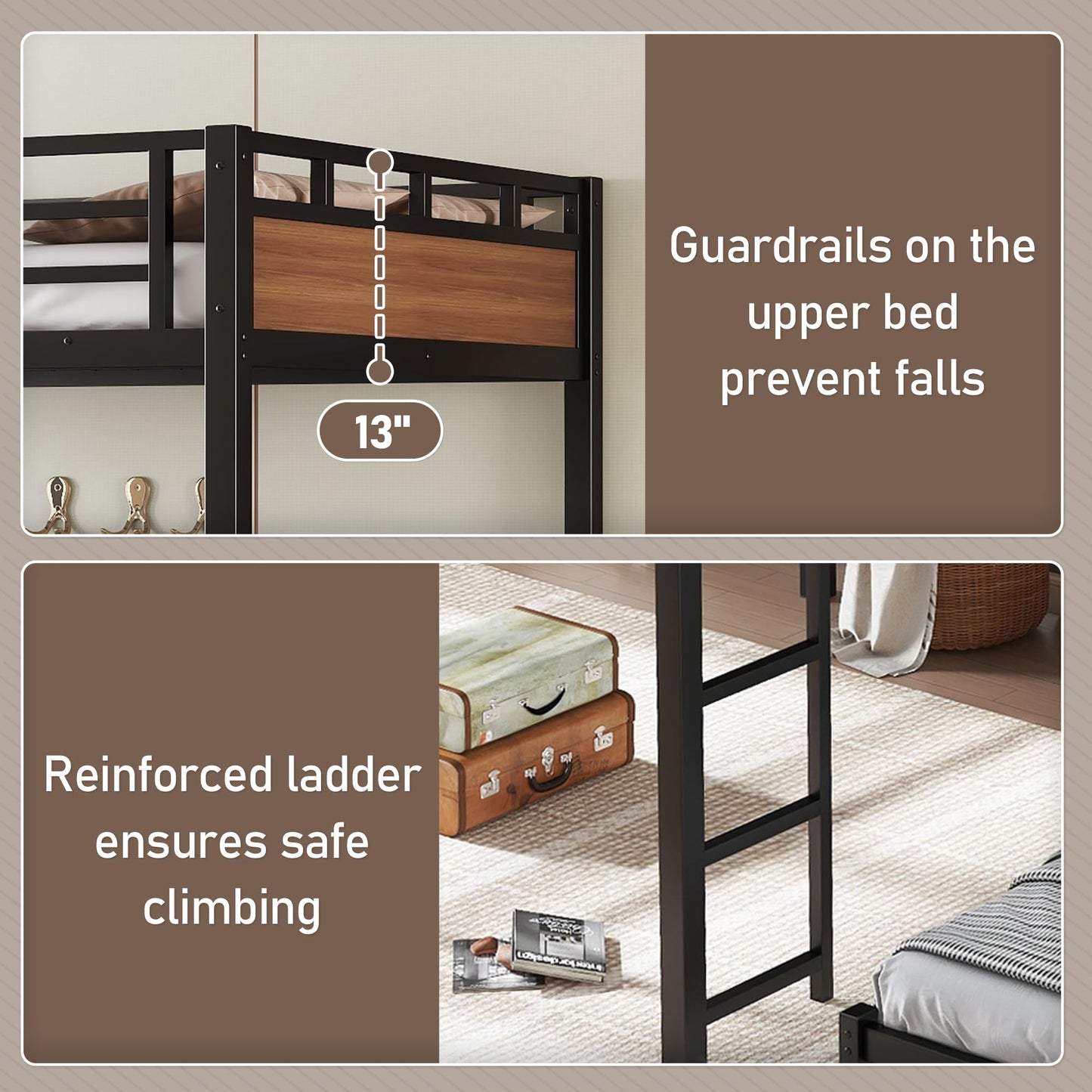 Bellemave Full XL Over Full XL Bunk Bed, Separable Bunk Beds for Kids, Converts to Loft Bed & Platform Bed, Heavy Duty Metal Bunkbed with Guardrails, No Box Spring Needed, Walnut