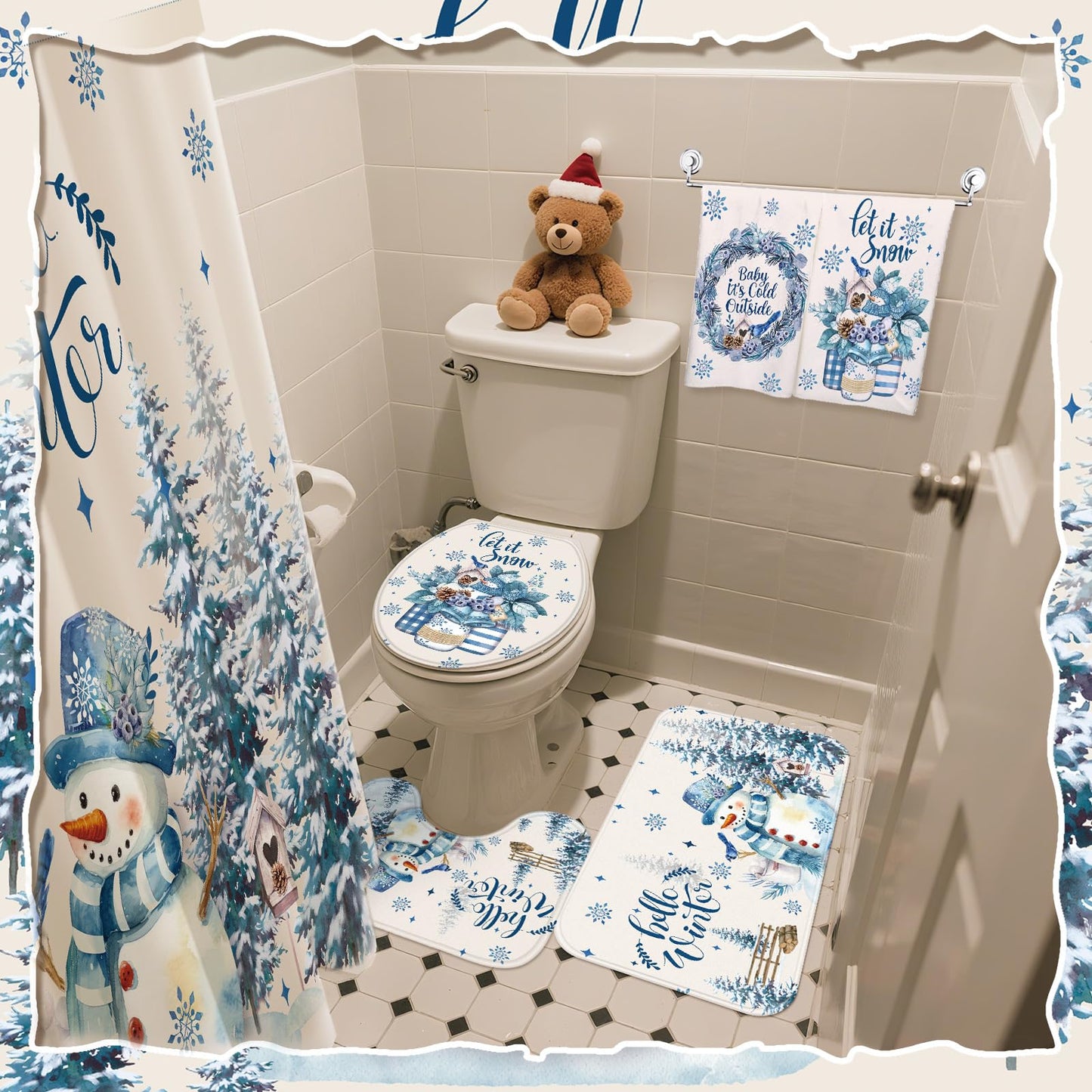 Tranqun 8 Pcs Winter Shower Curtain Set Towels Mat Toilet Lid Cover Hook