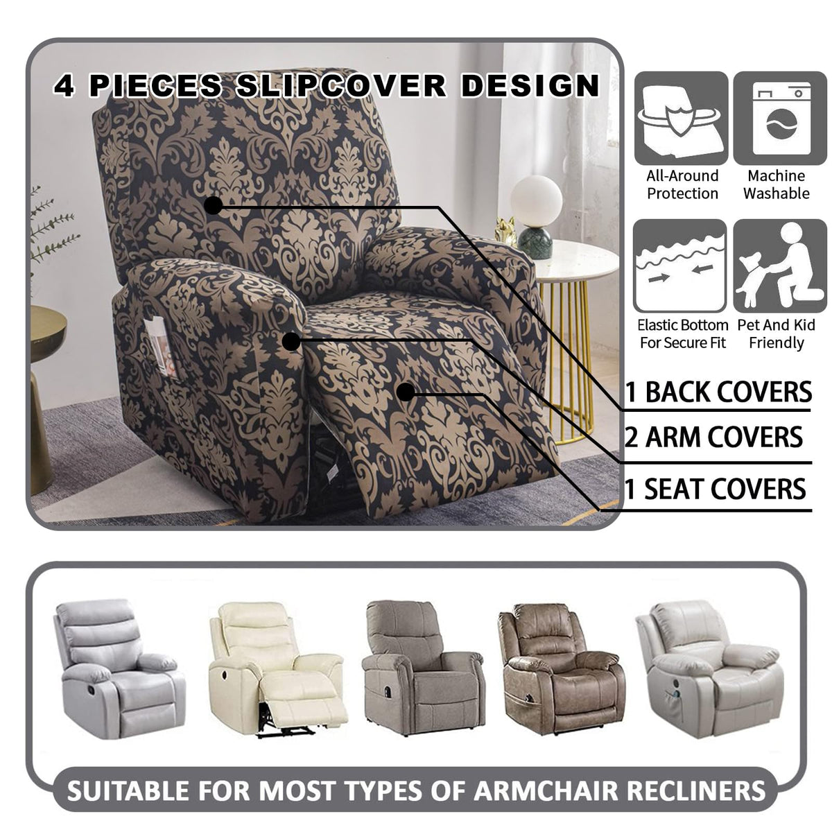 CRFATOP Stretch Recliner Chair Covers Lazyboy Reclining Slipcover,D38