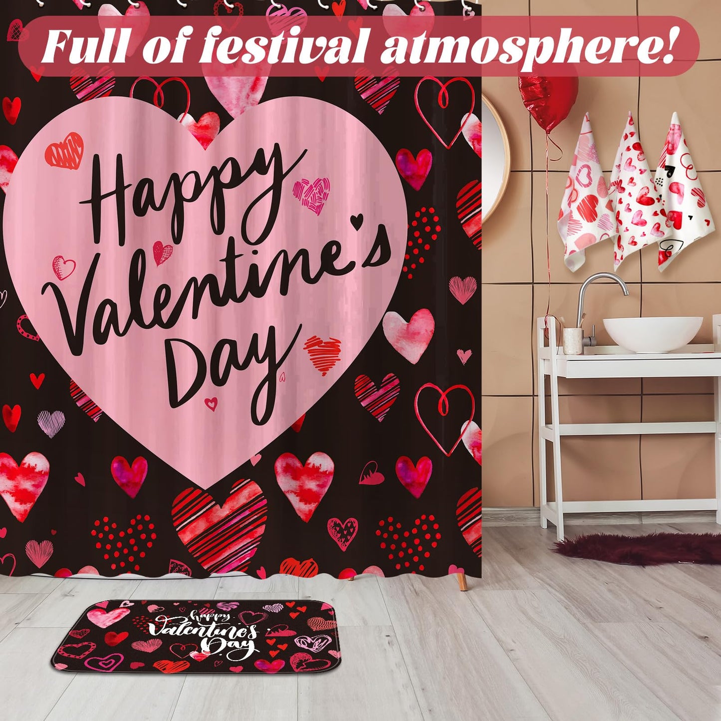 Newwiee 7 Pcs Valentine Shower Curtain Set for Bathroom Sweet Heart Bathroom Sets with 3 Towels Happy Valentine Shower Curtain Nonslip Rugs Toilet Lid Cover Bath Mat(Arrow)