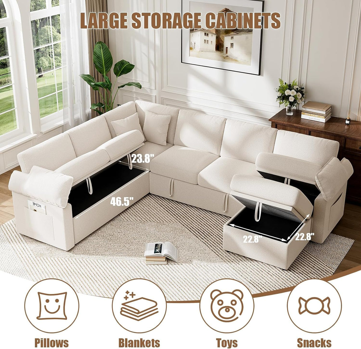 L  Sleeper Sofa 109" Modular Sectional Sofa with Pull Out Bed, Beige