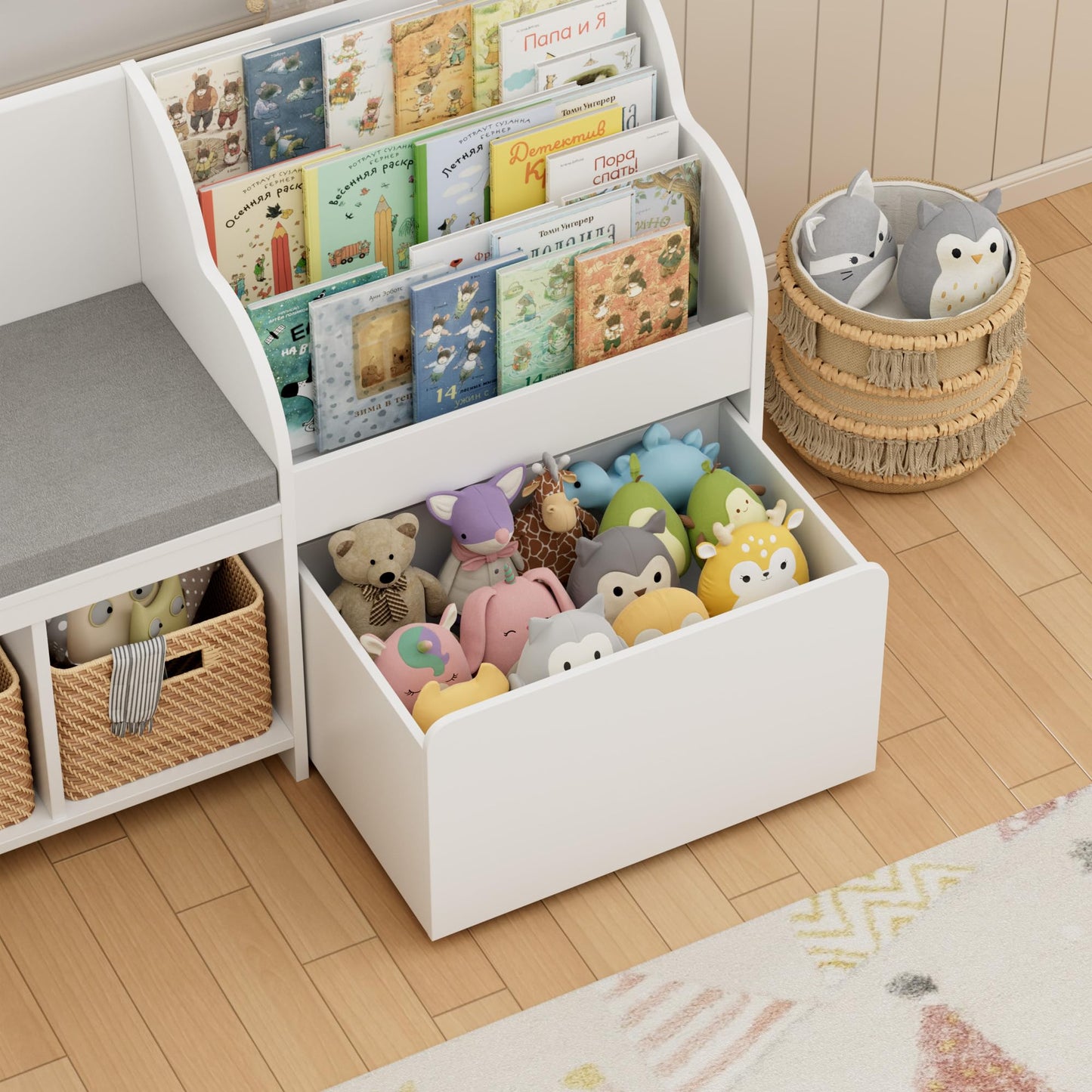 HOSTACK 67" W Kids Reading Nook with Toy Storage Organizer, Large Kids Bookshelf with Toy Storage Box on Wheels, Big Kid Bookcase with Bench and 6 Open Cubbies for Playroom, Kid Room, White