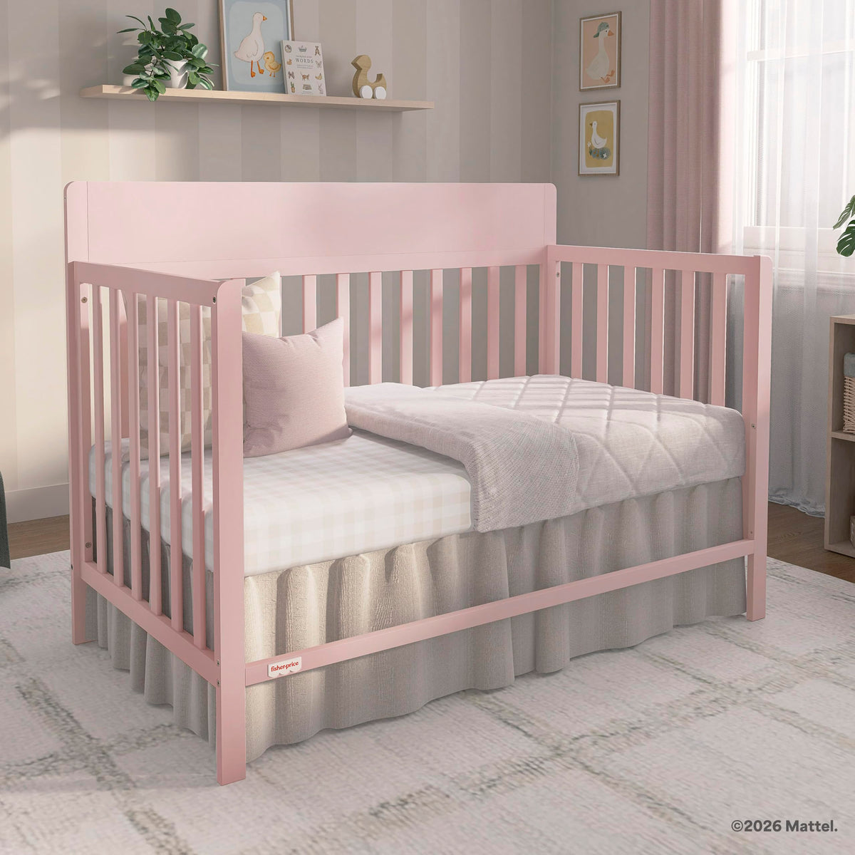 Fisher-Price Meadowbrook 4-in-1 Convertible Full Size Baby Crib, Wooden Nursery Furniture, Converts to Toddler Bed with Guardrail, Daybed & Full-Size Bed, Greenguard Gold & BSA Certified, Pink