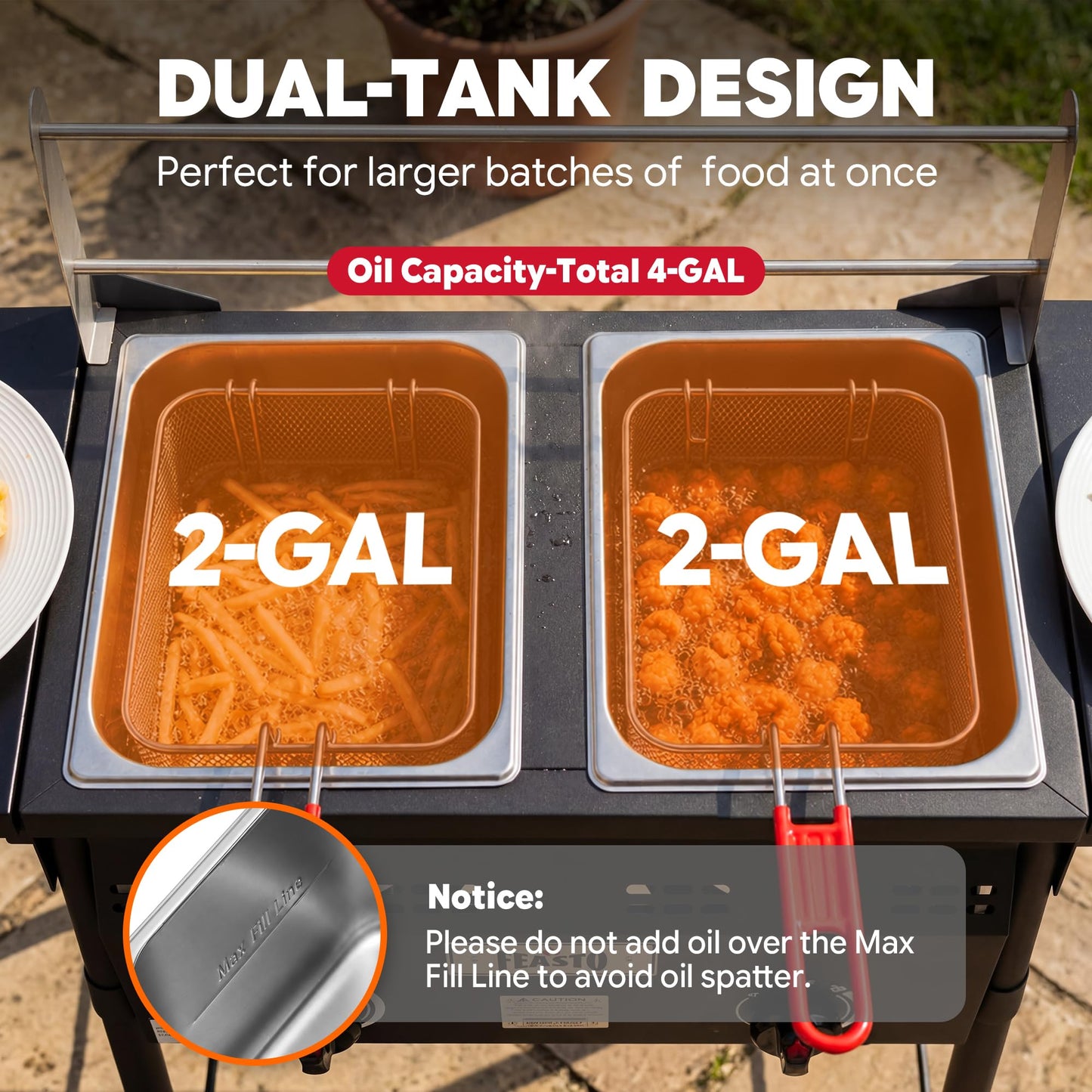Feasto Outdoor Propane Deep Fryer with Rolling Cart, Dual Tank Fish Fryer with 2 Independent Burners, 100,000 BTU, 4-Gal Oil Capacity, Frying Station with Baskets for Fish, Fries & Chicken