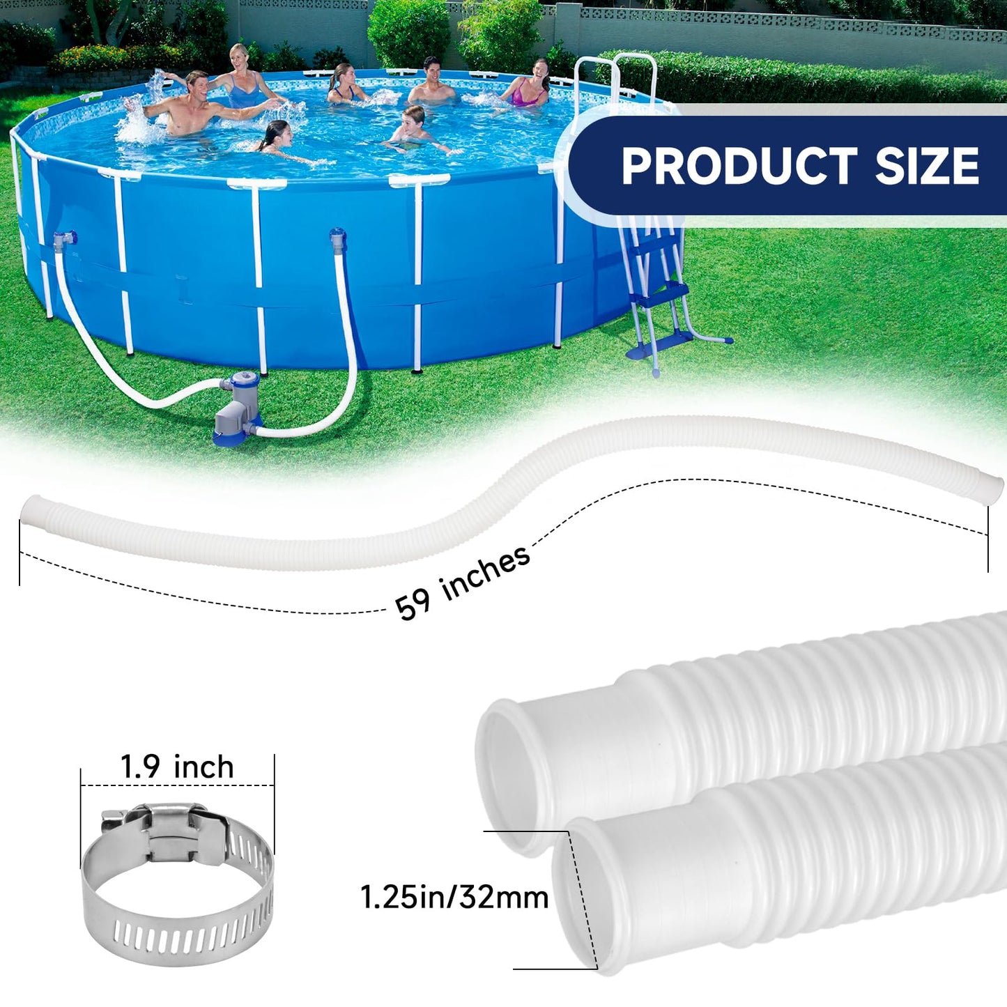 Pool Hoses for Above Ground Pools, 4 Pack 1.25 x 59 Inch Pool Filter Pump Hoses, 1 1/4 Pool Hoses Compatible with Intex Pool Filter Pump 607, 637 With 8 Metal Clamps(4)
