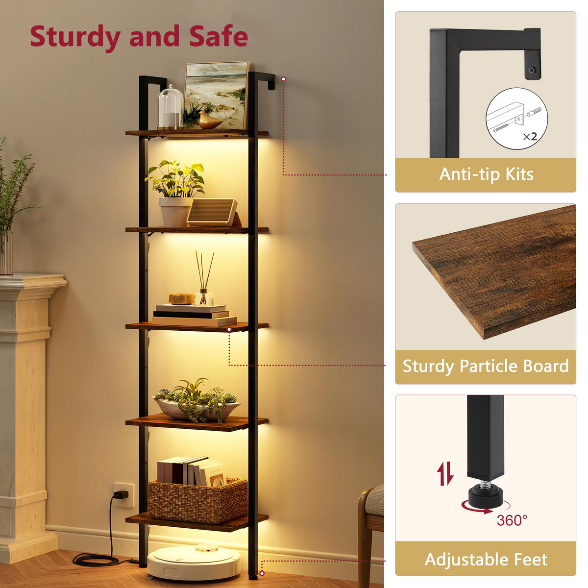 Tajsoon 5 Tier Ladder Bookshelf with Light, Wall Ladder Shelf Rustic Brown