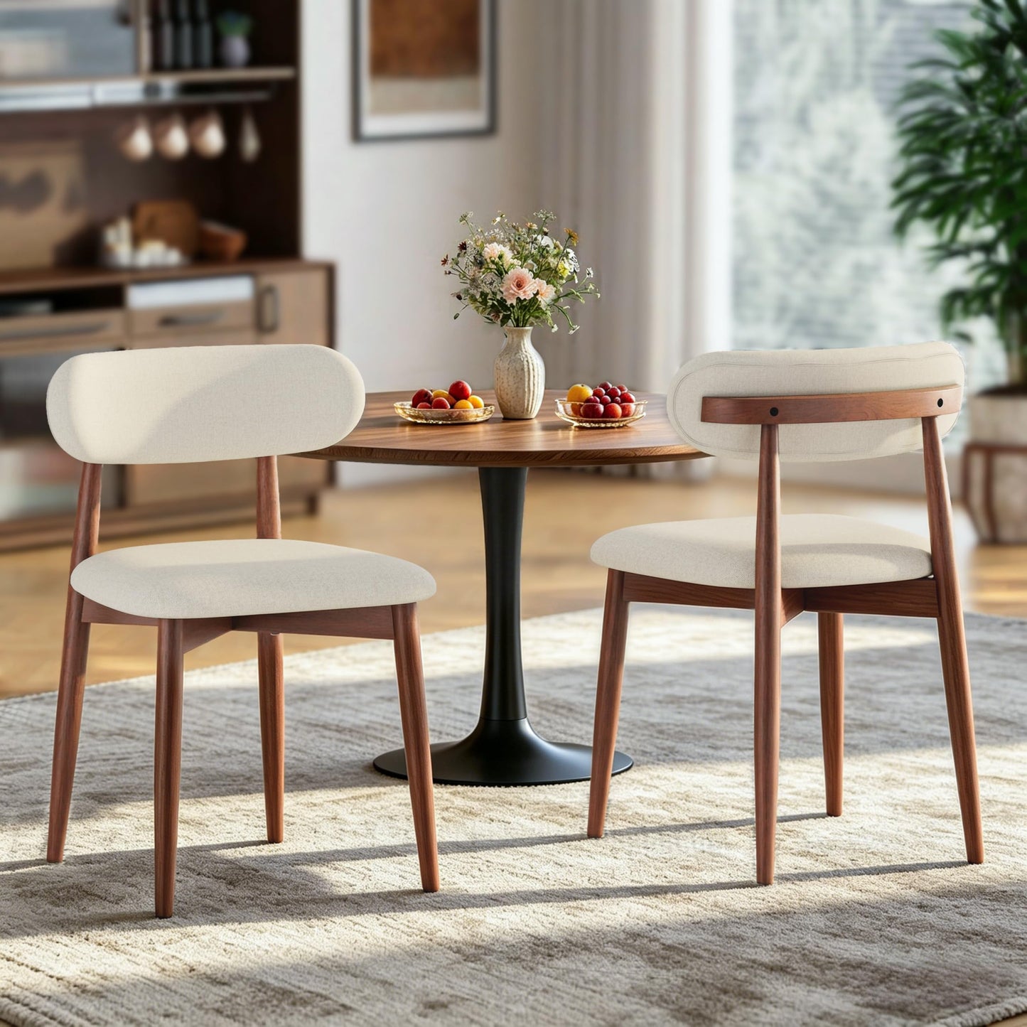 Fabulcozy Solid Wood Dining Chairs Set of 2, Mid‑Century Modern Square Seat Cushion Chairs with Extra‑Thick 1.6" Legs and Curved Back, Heavy‑Duty Kitchen & Dining Room Chairs, Beige