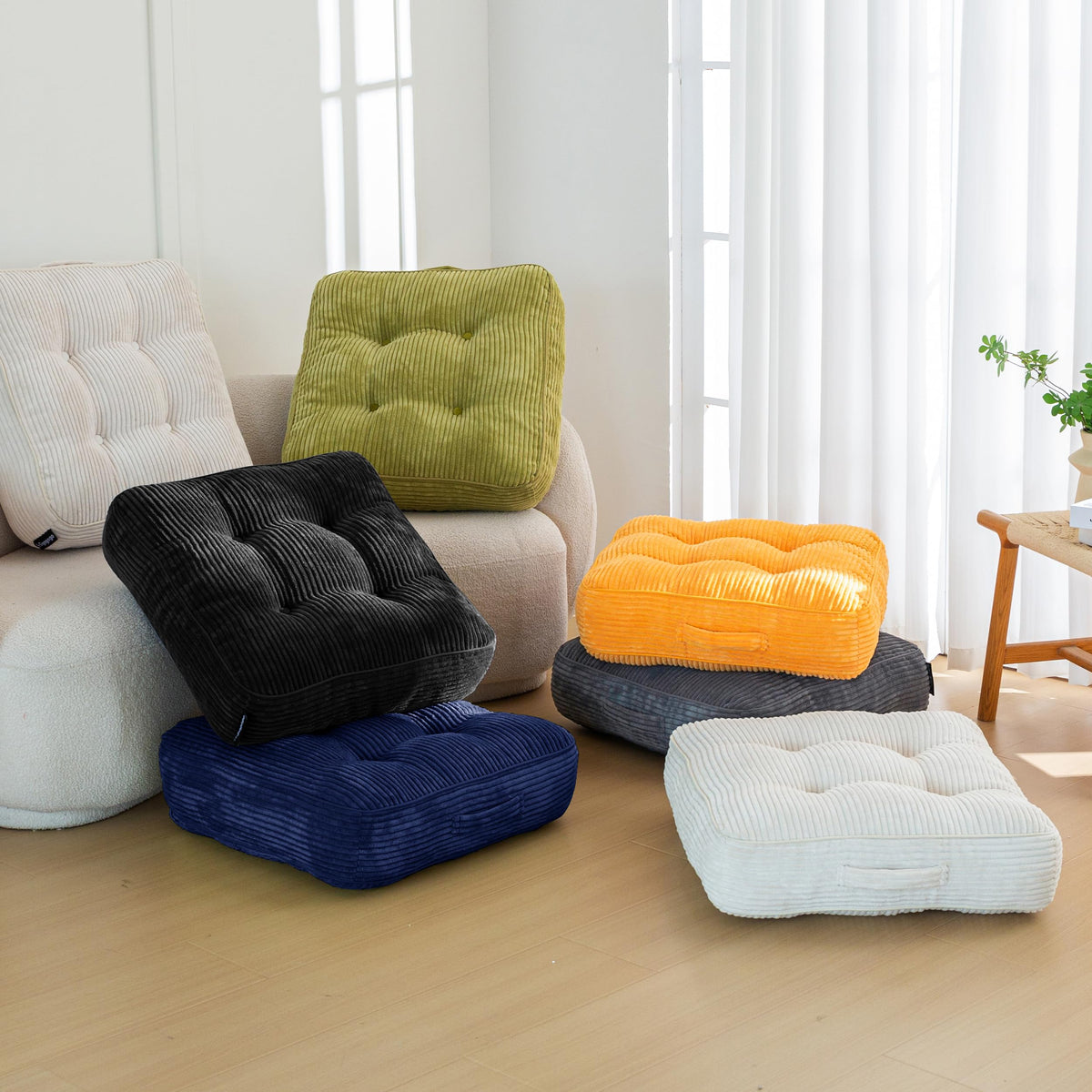 HIGOGOGO 6" Extra Thick Floor Pillow Cushion for Adults, Meditation Cushion Pillow, Large Square Floor Sitting, Tufted Corduroy Cover, for Tatami Living Room or Yoga, 22x22 Inch, Black