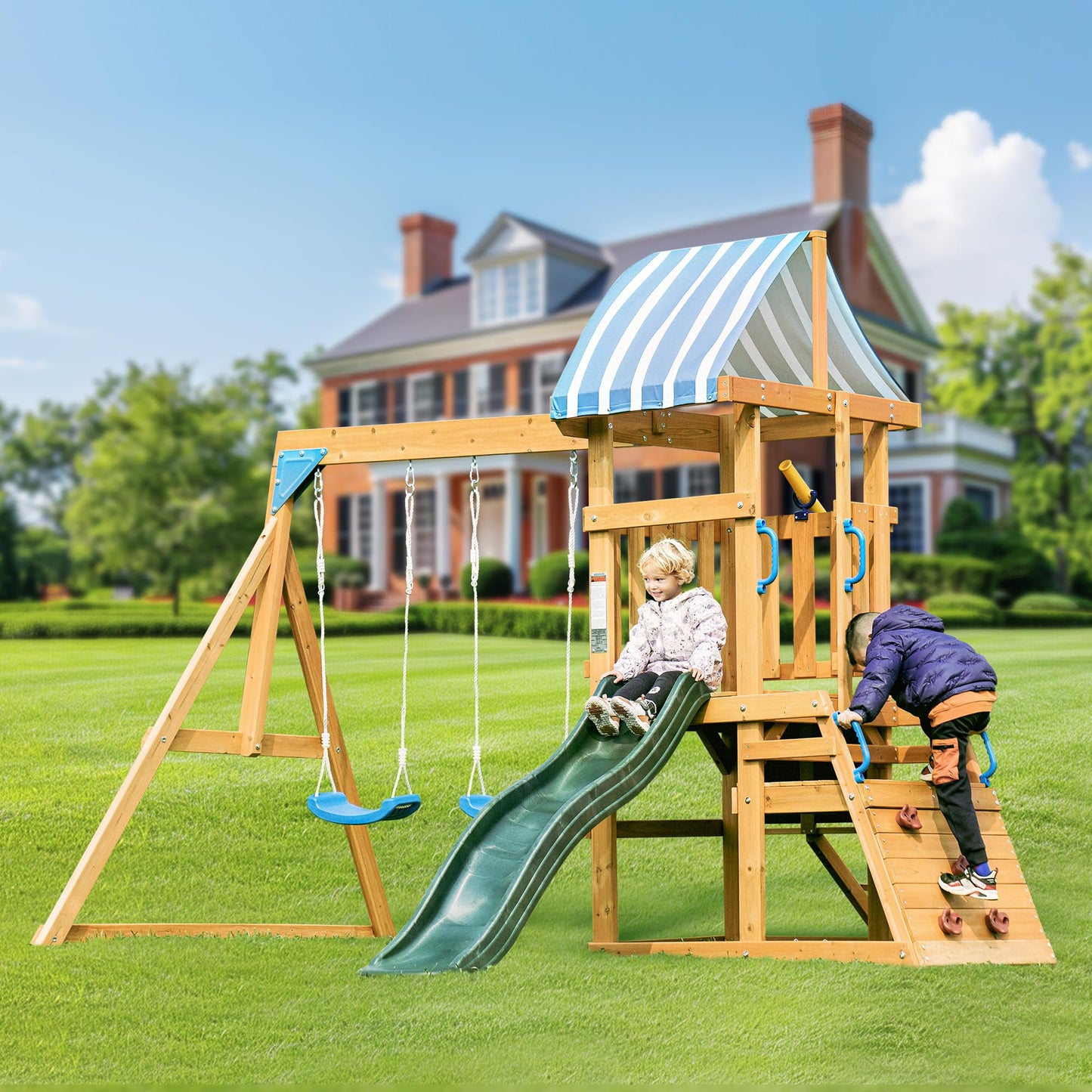 ROBOTIME Wooden Swing Set for Backyard, All-in-One Kids Outdoor Play Equipment with Swings, Slide, Climbing Rope Ladder, Outdoor Swing Playset for Kids Ages 3-10
