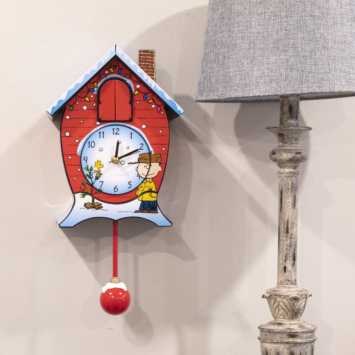 Mark Feldstein Peanuts Linus & Lucy Christmas Cuckoo Clock, Red, 17 in