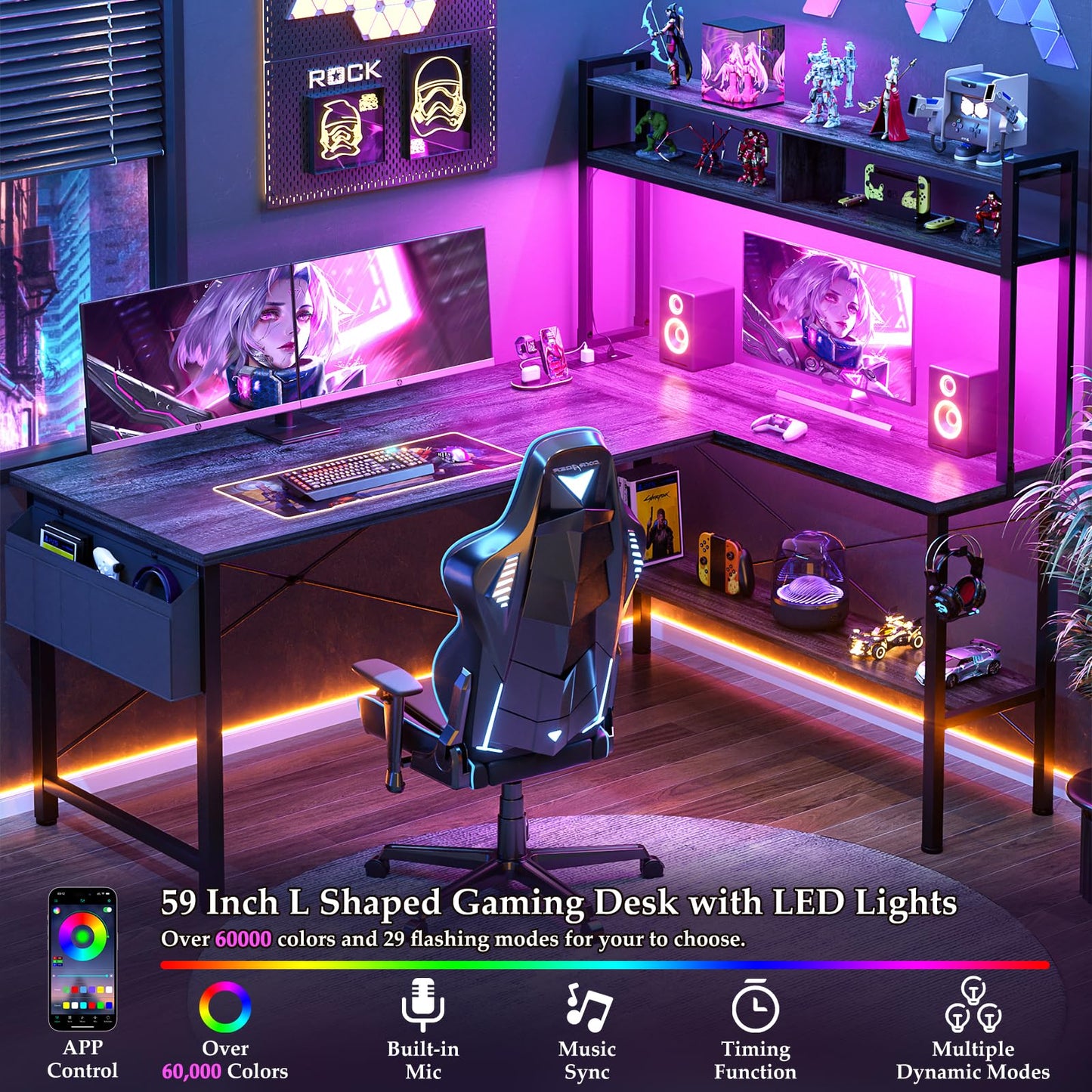 Aheaplus 59" L Shaped Desk Gaming Desk with LED Light & Power Outlet