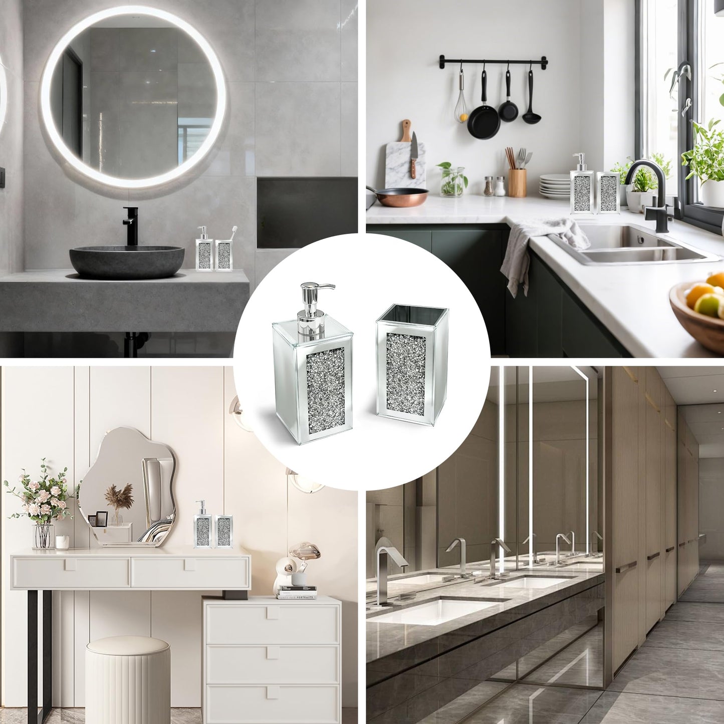 2Pcs Silver Bathroom Set, Mirror Finish & Diamond Accent Soap Holder,Modern