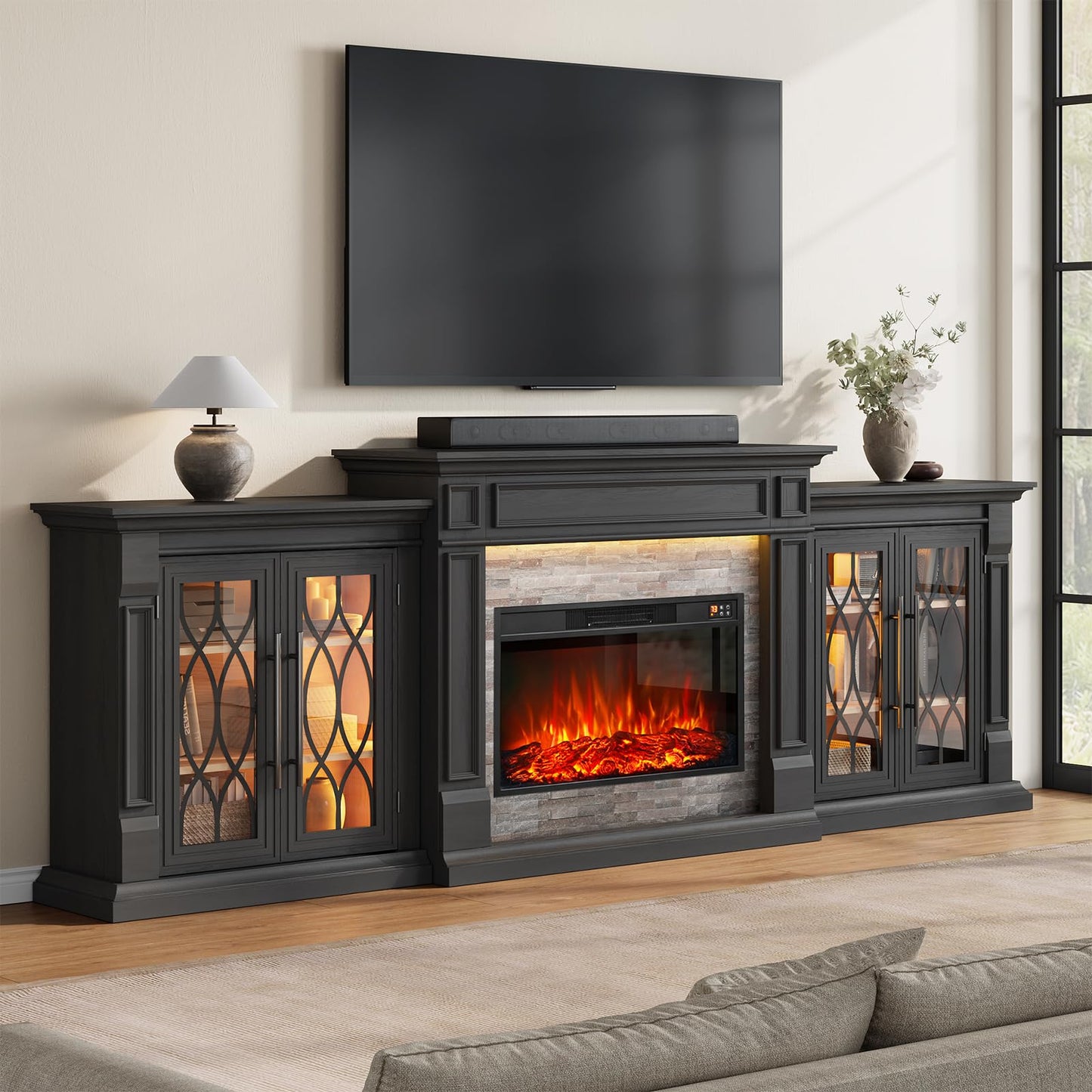 LGHM 104" LED Fireplace TV Stand with Outlet for TVs Up to 100 Inch, Electric Fireplace with Mantel, Entertainment Center with Storage, 30'' Fireplace Heater Insert with for Living Room, Black