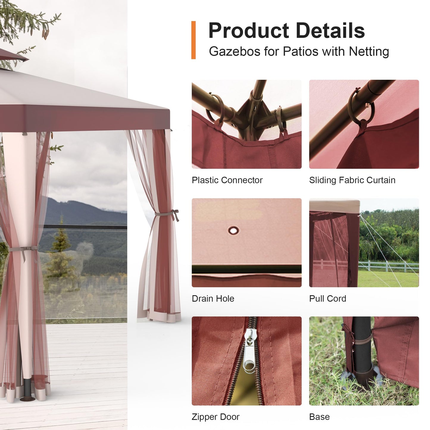 Patio Gazebo Tent Outdoor Canopy Shelter 10'x10' with Removable Netting,100 Square Feet of Shade for Garden, Backyard Deck and Lawns (Red)