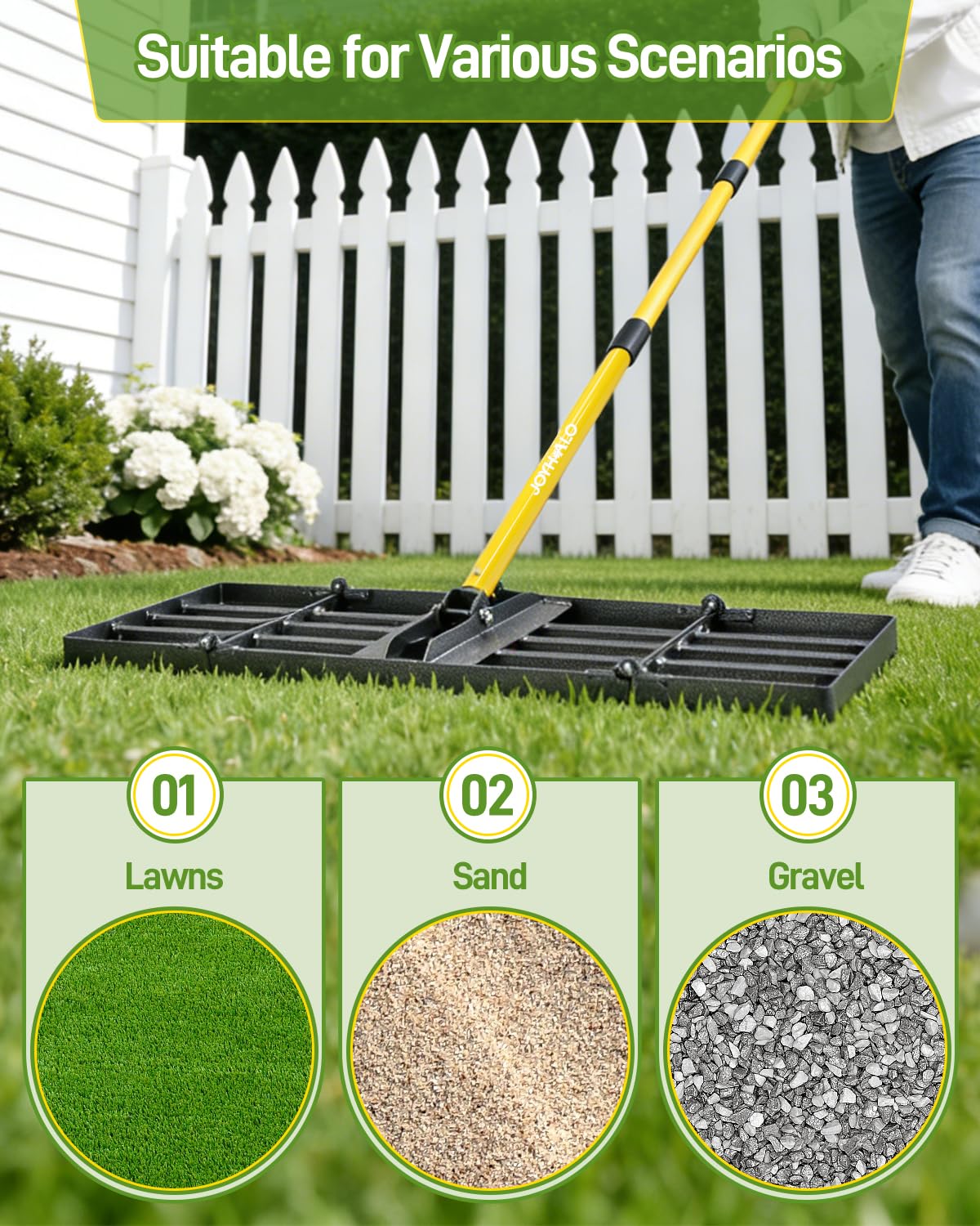 Joyhalo Lawn Leveling Rake, 36 Inch Yard Lawn Leveling for Soil with 78" Adjustable Steel Handle, Heavy Duty Effort Saving Landscape Lawn Leveler for Yard Garden Golf Course Soil Sand Dirt Grass