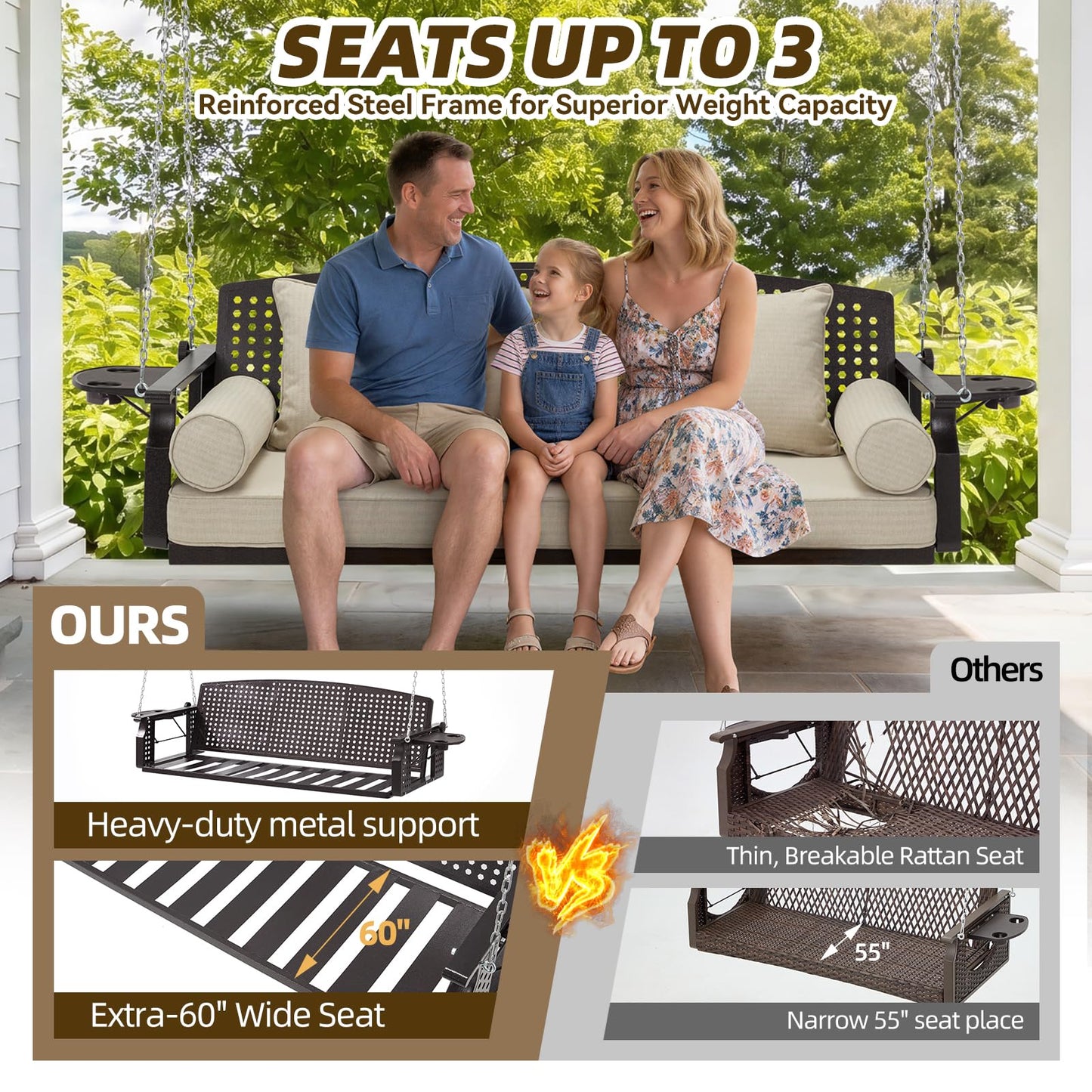 Yalissey 3 Seat Hanging Porch Swing, Patio Swing Bench with Cup Holders & 3 Back Cushions, Swing Chair with Chains for Deck Garden Backyard,Beige(60-Inch Width)