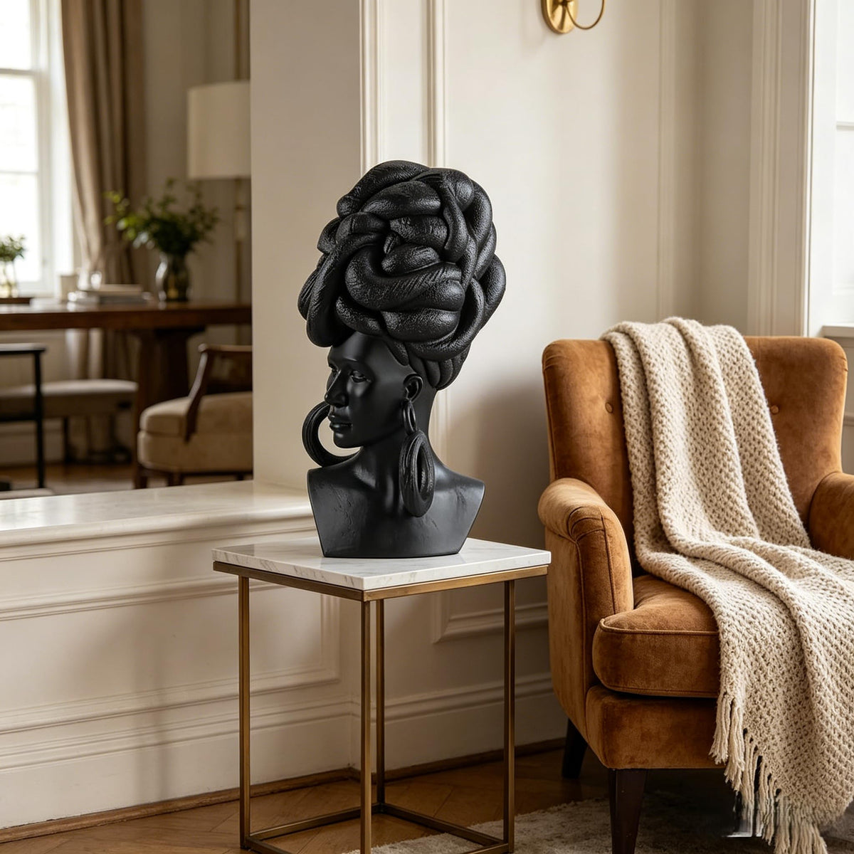 African American Woman Bust Statue – 23.5" Large Decorative Sculpture for Home Decor | Handcrafted Resin Afrocentric Art Piece for Living Room Office Shelf, Unique Black Female Bust Present