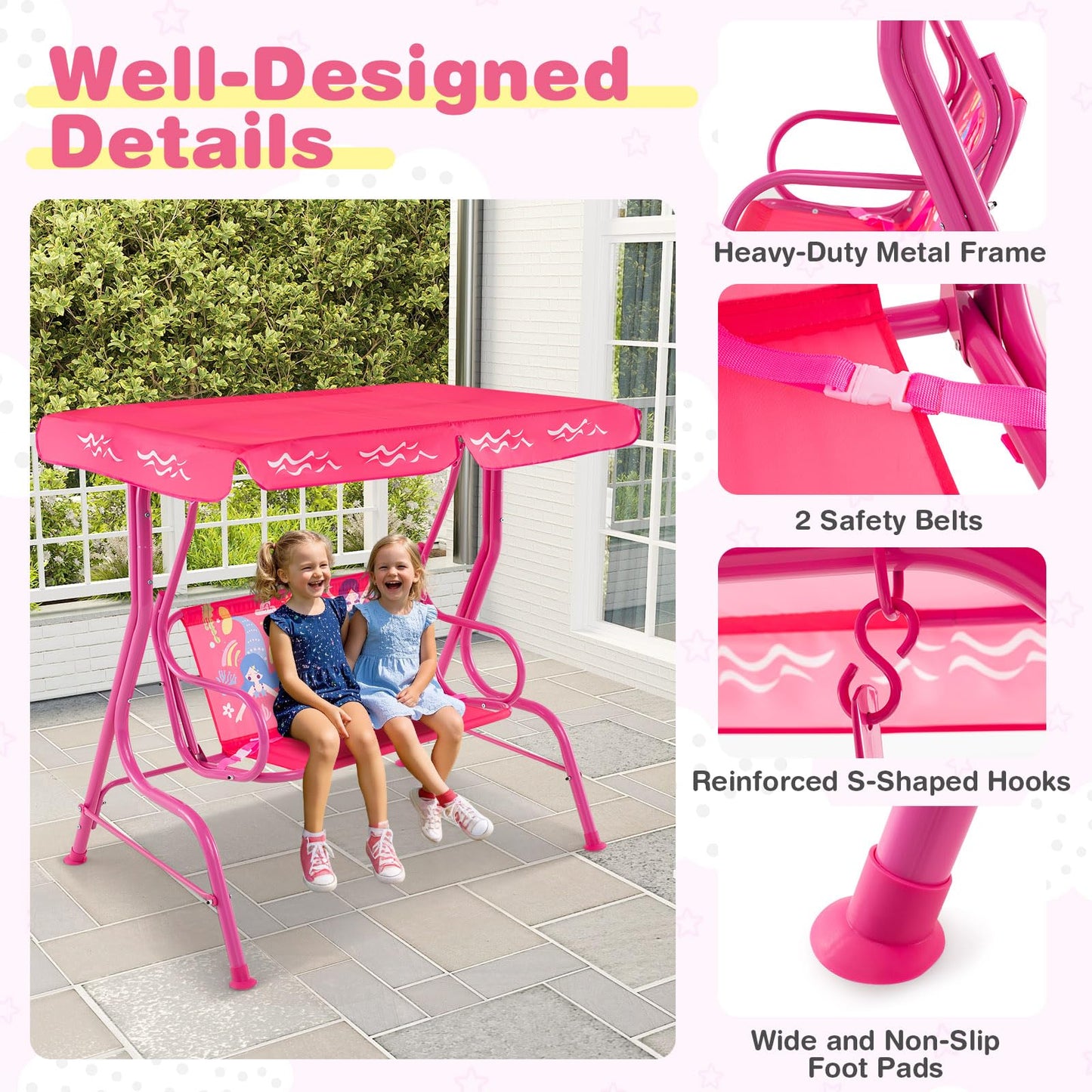 Costzon Kids Porch Swing, All-Weather Patio Swing Bench Hammock w/Adjustable Canopy & Safety Belts for 2 Children, Outdoor Swing for Backyard Garden Balcony Poolside (Pink, Mermaid)