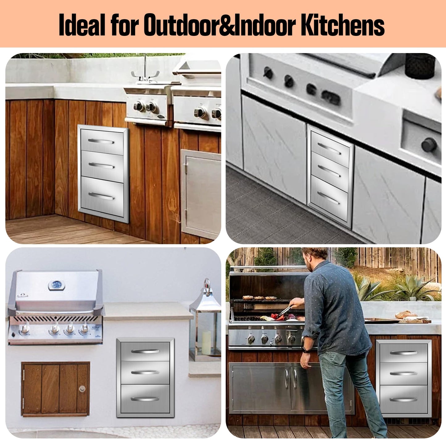 Outdoor Kitchen Drawers Built-in BBQ Drawer Stainless Steel Access Drawers for Outdoor Kitchen Island or Grill Station (14" W x 20.3" H x 23" D)
