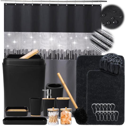 XLHOMO Bathroom Sets with Shower Curtain and Rugs,24PCS Black Bathroom Set Shower Curtain Set with Bathroom Trash Can Bathroom Accessories