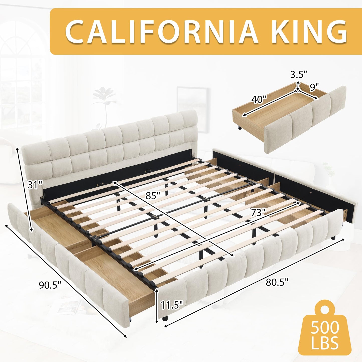 DNYN California King Size Grounded Bed with 4 Storage Drawers and Solid Wood Frame for Bedroom, Low-Profile Upholstered Chenille Bed with Headboard, Space-Saving & No Box Spring Needed