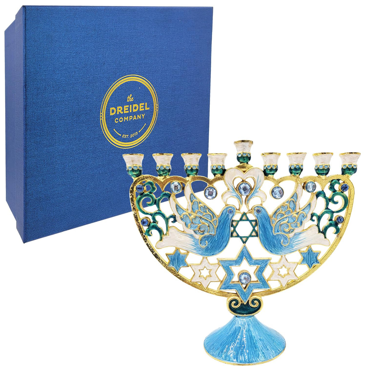 The Dreidel Company Hanukkah Large 12-Inch Tall Menorah Hand Painted Enamel, Star of David Magen David & Blue Bird Design, Hand-Painted Enameled Metal