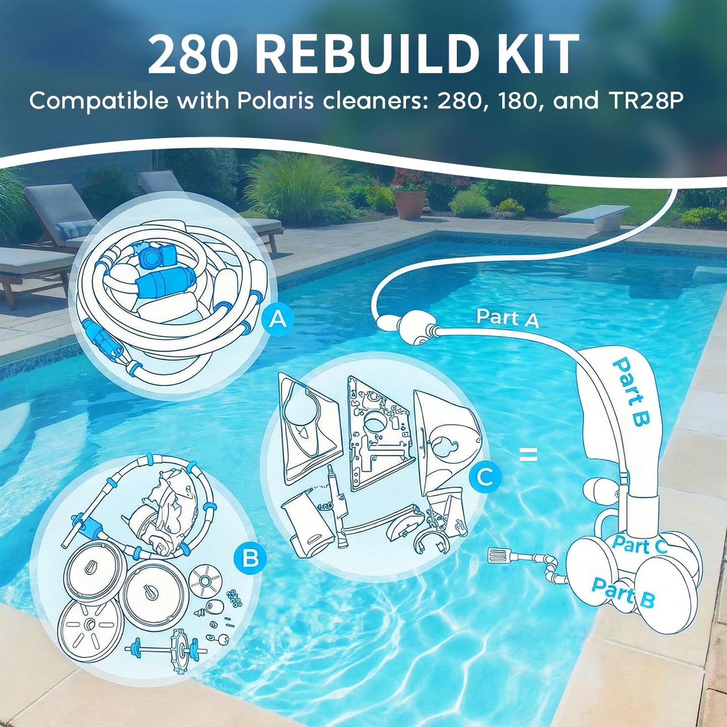 Upgraded Pool Cleaner Rebuild Repair Replacement Fit for Polaris Zo-diac Automatic 280 TR28P with Wheel, Tire, Drive Shaft, Turbine Bearing, All Purpoe Bag, Sweep Hose, Wheel Bearing, Tailsweep Pro