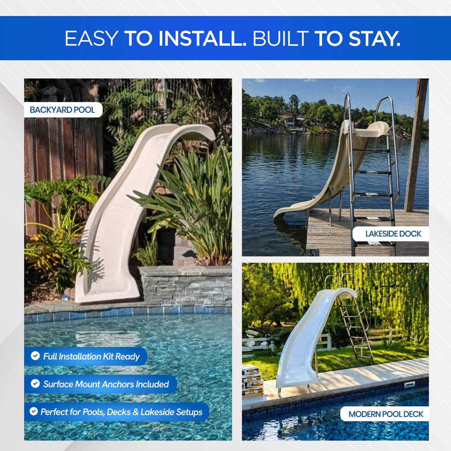 FibroPool Full-Sized Fiberglass Swimming Pool Slide – 10'6" Long, 6' Tall Left Turn Slide with Stainless Steel Hardware, Surface Mount Anchors, Sprayers, and Full Installation Kit for Pools