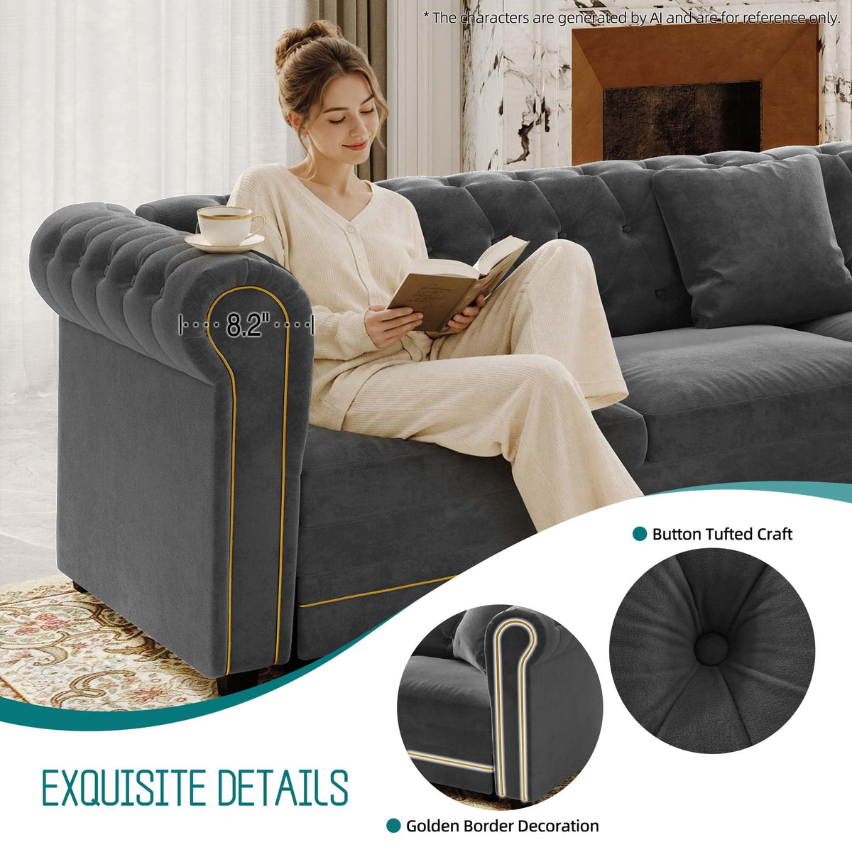 115.3'' Sleeper Sofa Bed King, Velvet Chesterfield Pull Out Couches, Gray
