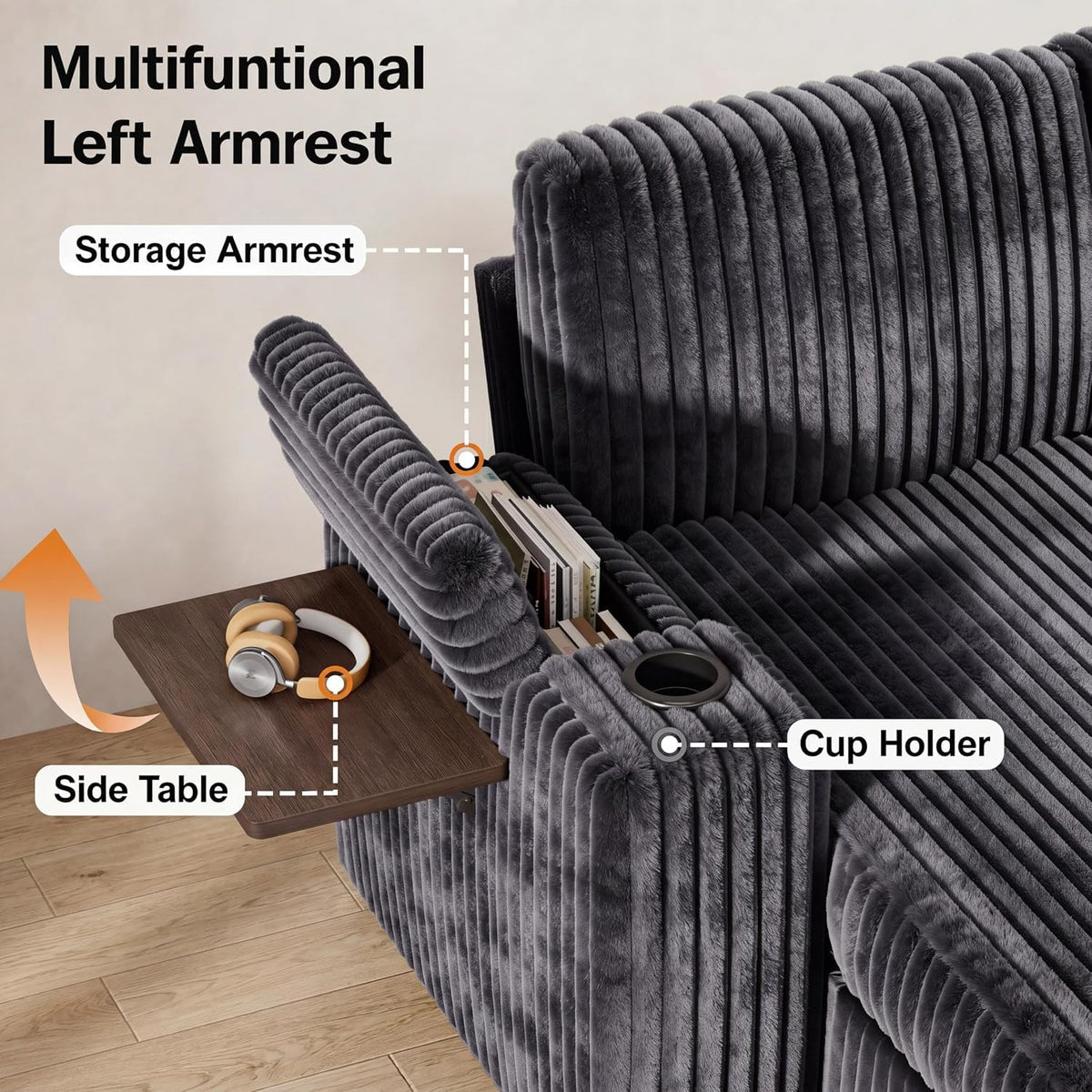 Sunny Heart 130" Modular Sectional Sleeper Sofa with Pull Out Bed, 9 Seat Corduroy L Shaped Couch with Ottoman and Chaise|USB Ports|Cup Holders|Side Table, Tool Free Assembly, Grey