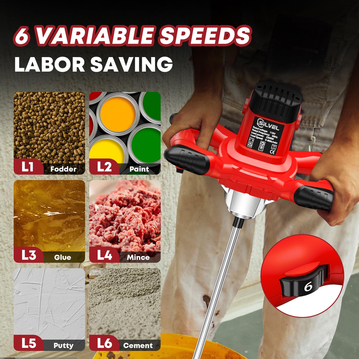 SILVEL Cement Mixer, Max 2300W Electric Concrete Mixer with 6 Adjustable Speeds, Portable Mortar Mixer, 110V Handheld Mud Mixer for Mixing Mortar, Paint, Slurry, Gypsum, Sheetrock, Feeding