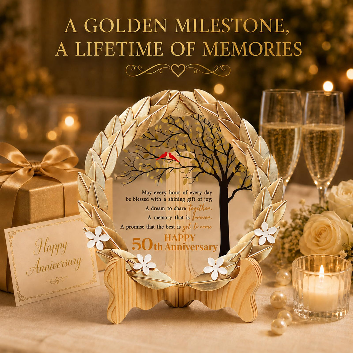 50th Anniversary Wedding Unique Gifts Ideas Crystal Plate with Gold Leaf Wreath - 50th Anniversary Wedding Gifts for Parents Couple - Cardinal Style