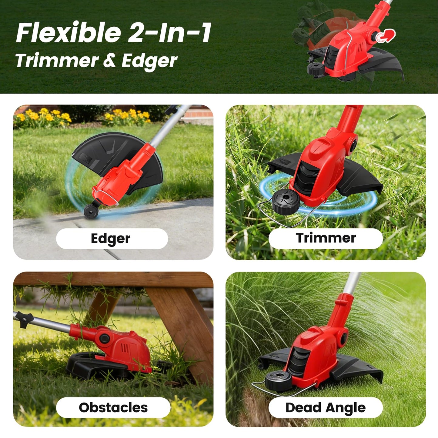 21V Weed Wacker Cordless String Trimmer with 2x4.0Ah Batteries & Fast Charger, 12" Automatic Feed Grass Trimmer, 2-in-1 Electric Weed Eater for Garden Edge Lawn Tool
