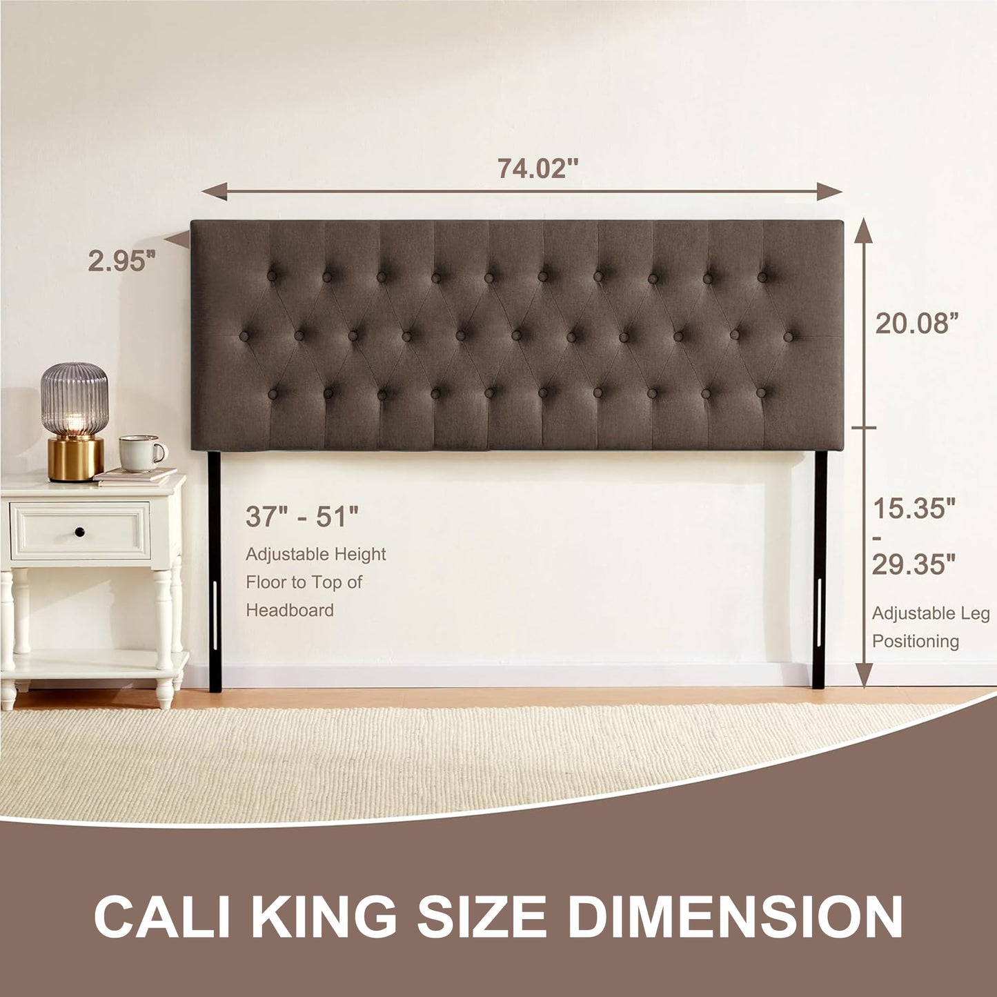 Huatean Home Tufted Upholstered Headboard California King, Solid Wood Head Board with Durable Metal Legs, Adjustable Height Bed headboard from 37” to 51” Fabric Headboard in Button Design, Chocolate