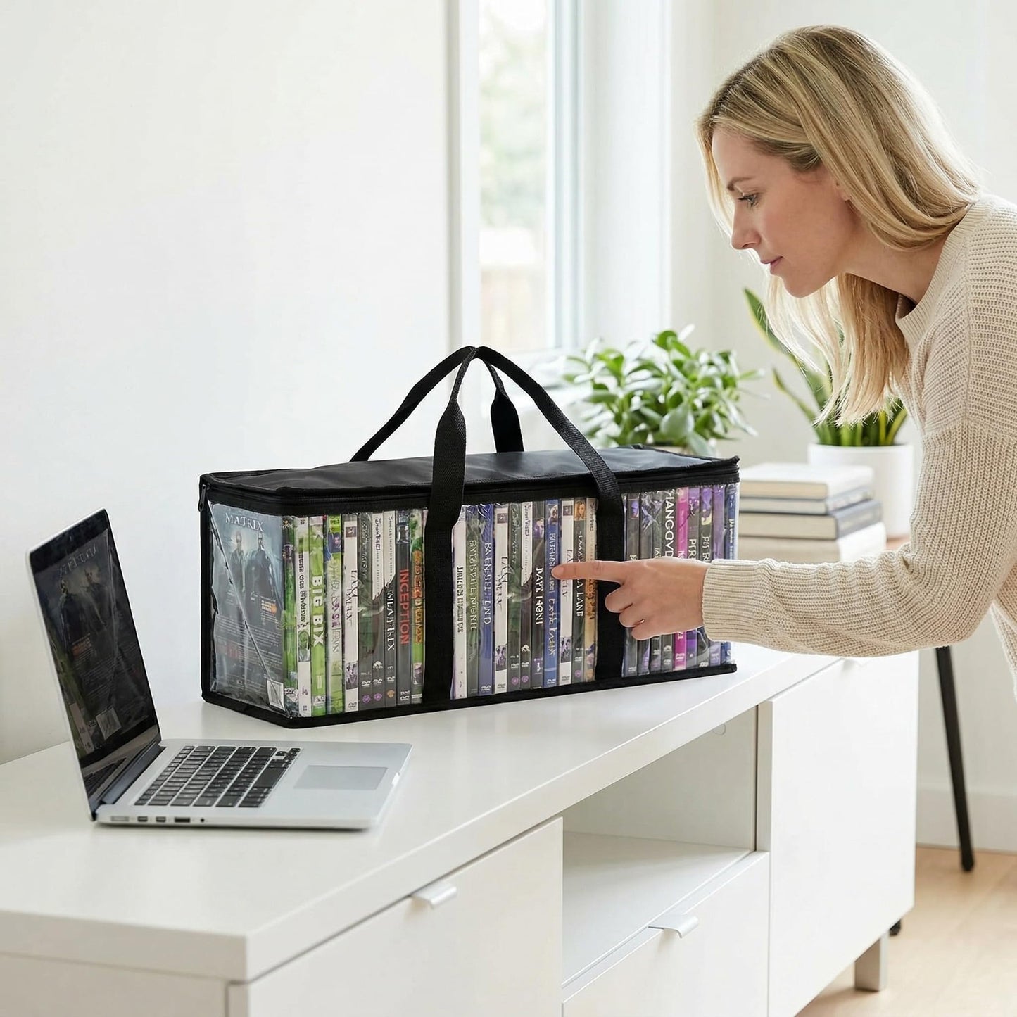 Fasmov Set of 4 DVD Storage Bags Hold up to 160 DVDs (40 Each Bag), Water Resistant DVD Holder Case with Handles, Transparent PVC Media Storage for DVDs, CDs, Video Games, Books