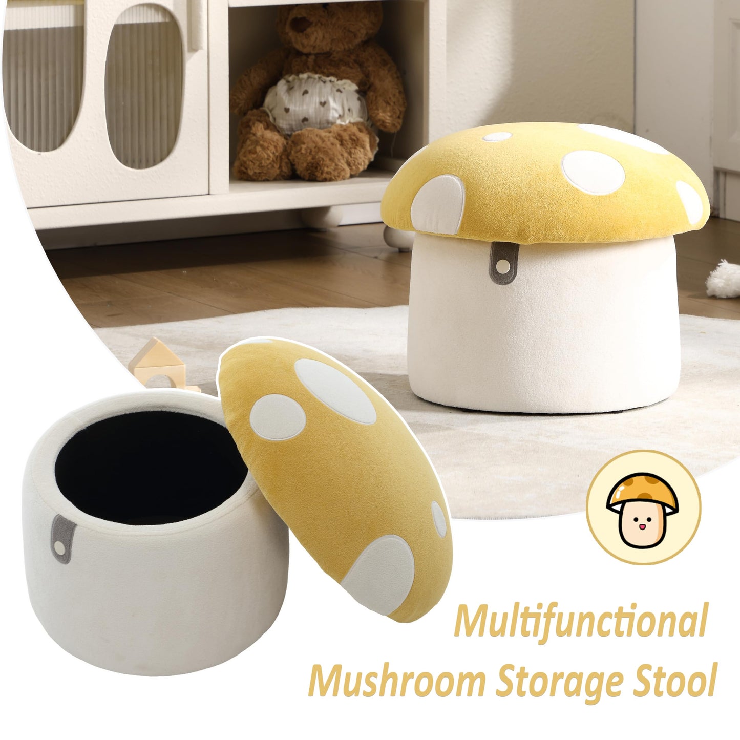 DAYAOUTDOOR Kids Mushroom Storage Ottoman, Cute Kids Desk Chairs, Mushroom Armchair, Children Round Storage Ottomans, Small Multi-Purpose Footstool for Playroom & Bedroom, Yellow Mushroom