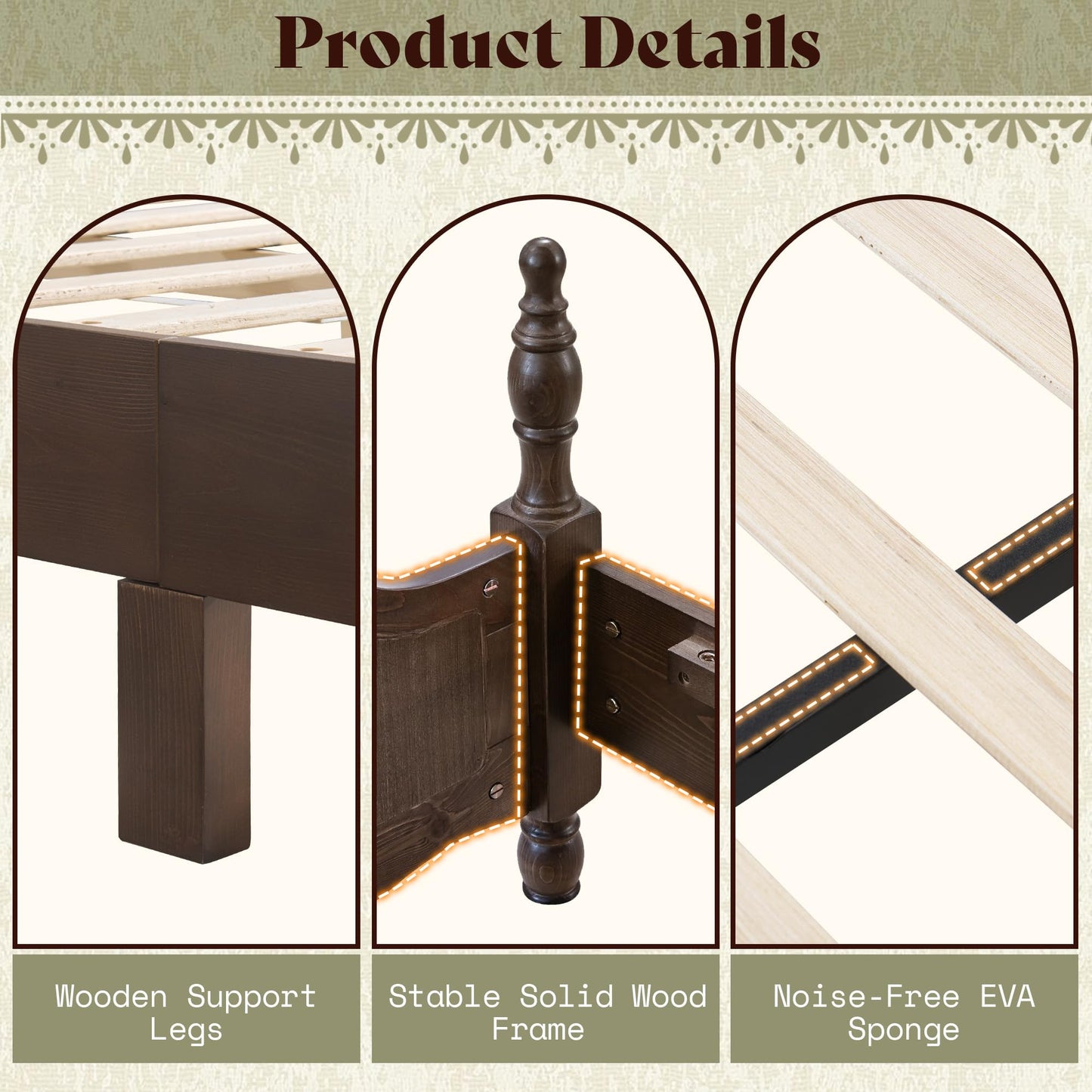 AMERLIFE Solid Wood California King Bed Frame, Traditional Poster Platform Bed with 55" Tall Arched Headboard, Wood Slat Support, No Box Spring Required, Dark Walnut