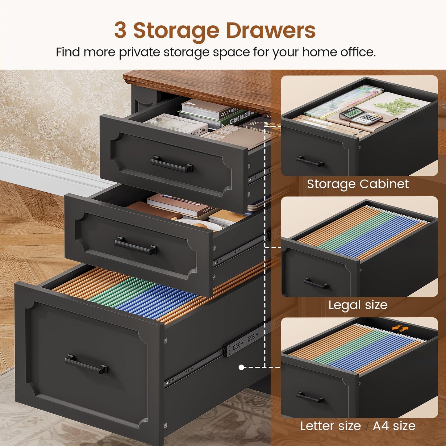 SEDETA Farmhouse 70.9" Executive Desk, Home Office Desk with File Drawers and Storage Cabinet, Computer Desk with Power Outlet for Home Office, Work Study Writing, Black+Brown