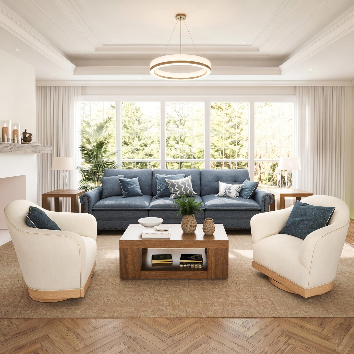 HERA'S HOUSE 116.11" Mid-Century Modern Couch with 2 Swivel Accent Chairs, Oversized Sectional Couch for Living Room, 3-Seater Deep Seat Sofa with Throw Pillows, Linen Cyan Sofa & Corduroy Beige Chair
