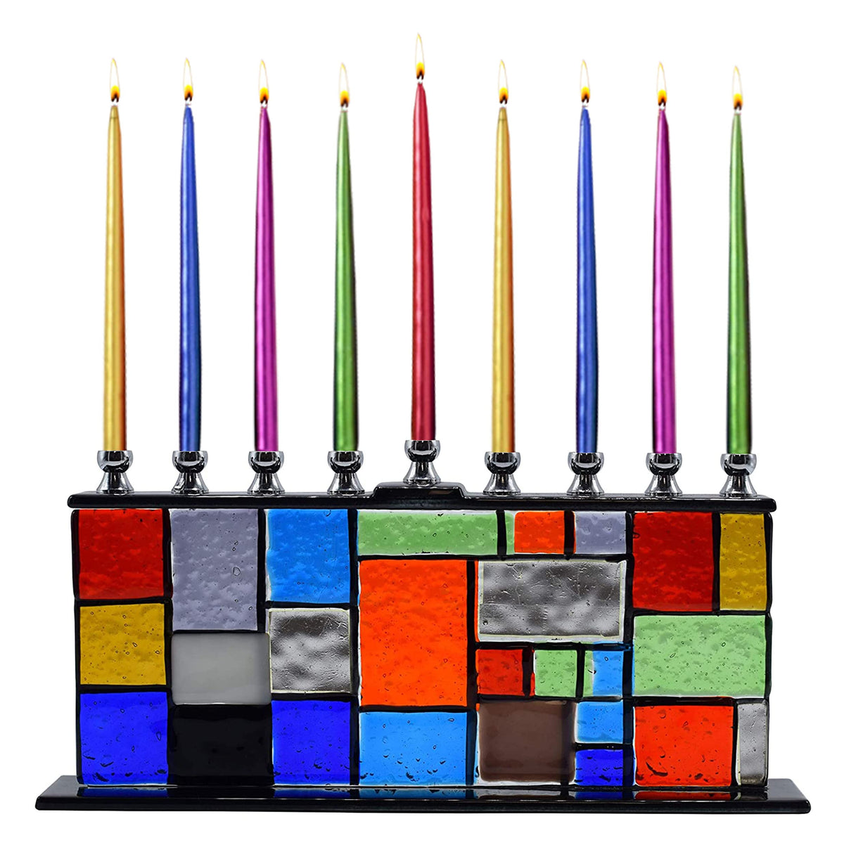 Ner Mitzvah Glass Hanukkah Menorah - Wall of Unity Multicolored Chanukah - Handcrafted Painted Glass - Fits All Standard Candles