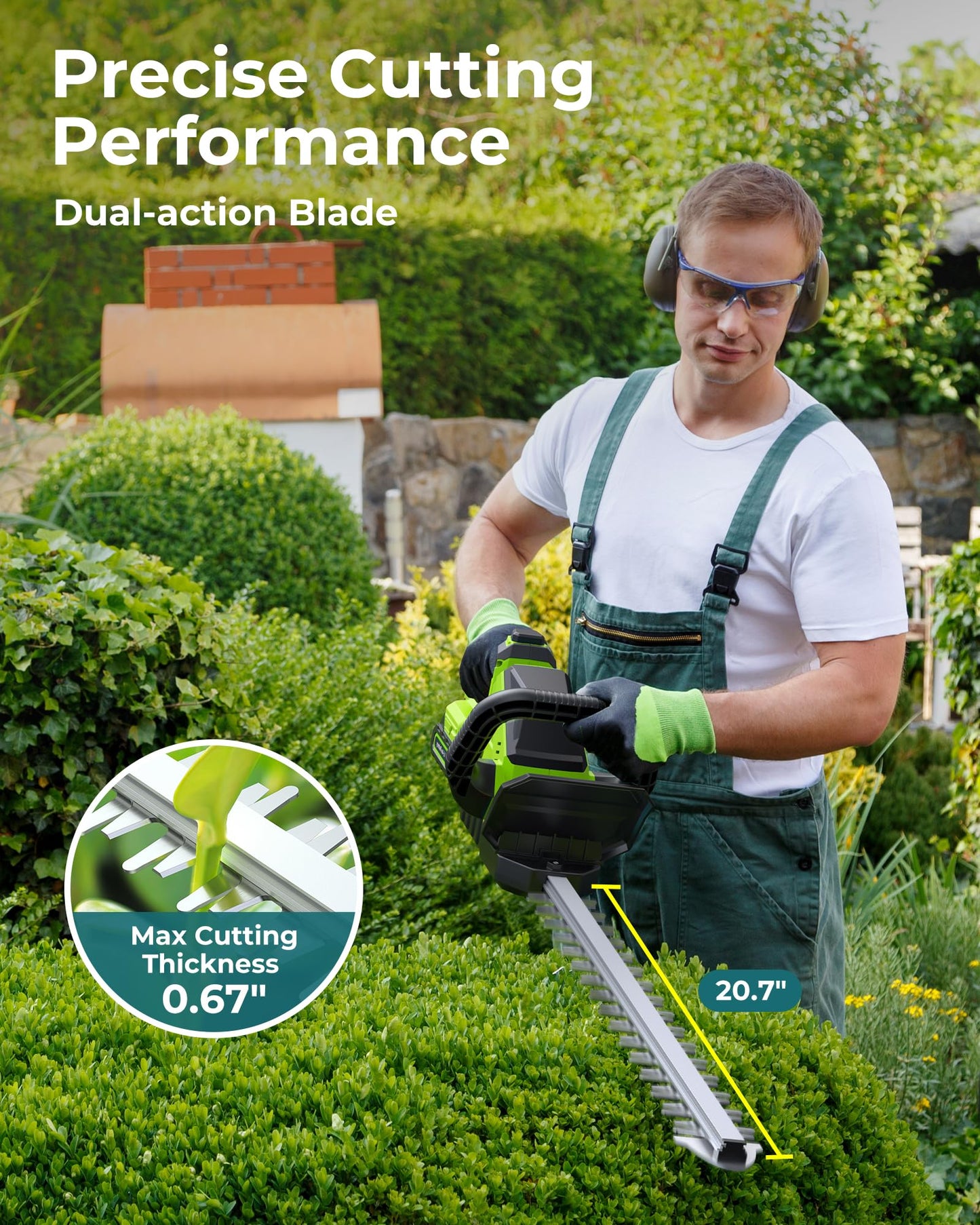 20'' Hedge Trimmers Cordless with Battery, 3000RPM Brushless Electric Bush Clipper with 2pcs 2000mAh Rechargeable Batteries, 180° Rotatable Head, 2/3'' Blade Gap Green, Gifts for Men Dad Father