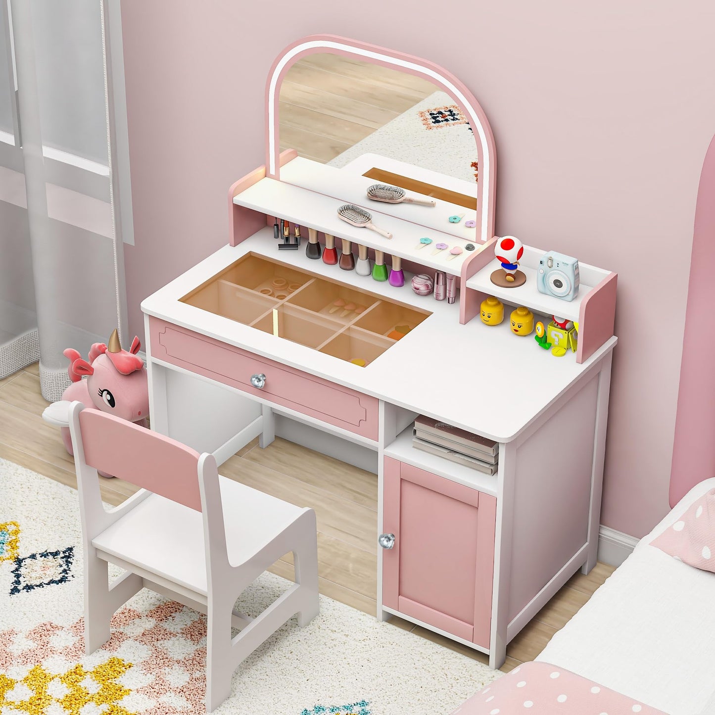 Vavkorkula Kids Vanity Set, Toddler Dresser Small Vanity Desk with Mirror and Lights for 3-8 Years Old, Wooden Dressing Table Kids Makeup Vanity Organizer Sets for Girls, Pink