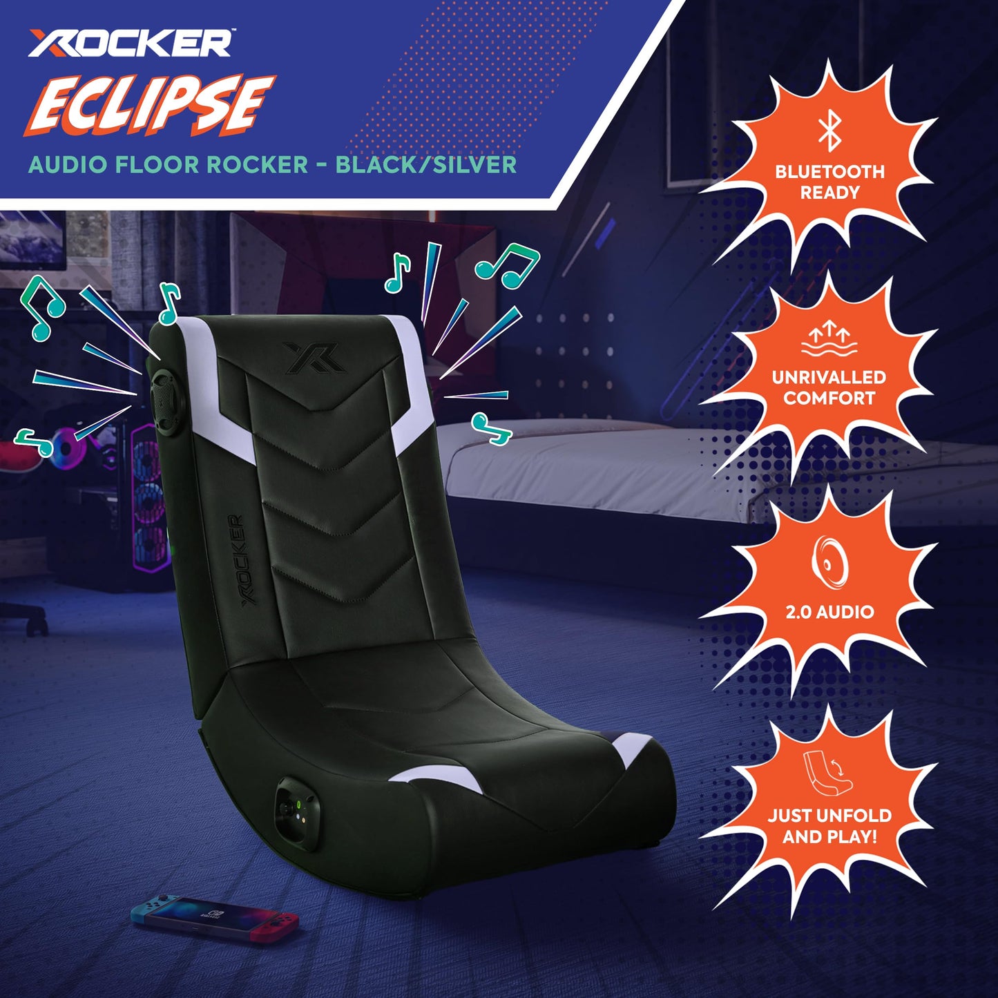 X Rocker Eclipse Video Gaming Floor Chair with Built-in Headrest Speakers, Wireless Bluetooth, Foldable, Vegan Leather, 300 lbs Max, Amazon Exclusive, Black and Silver, Gifts for Gamers